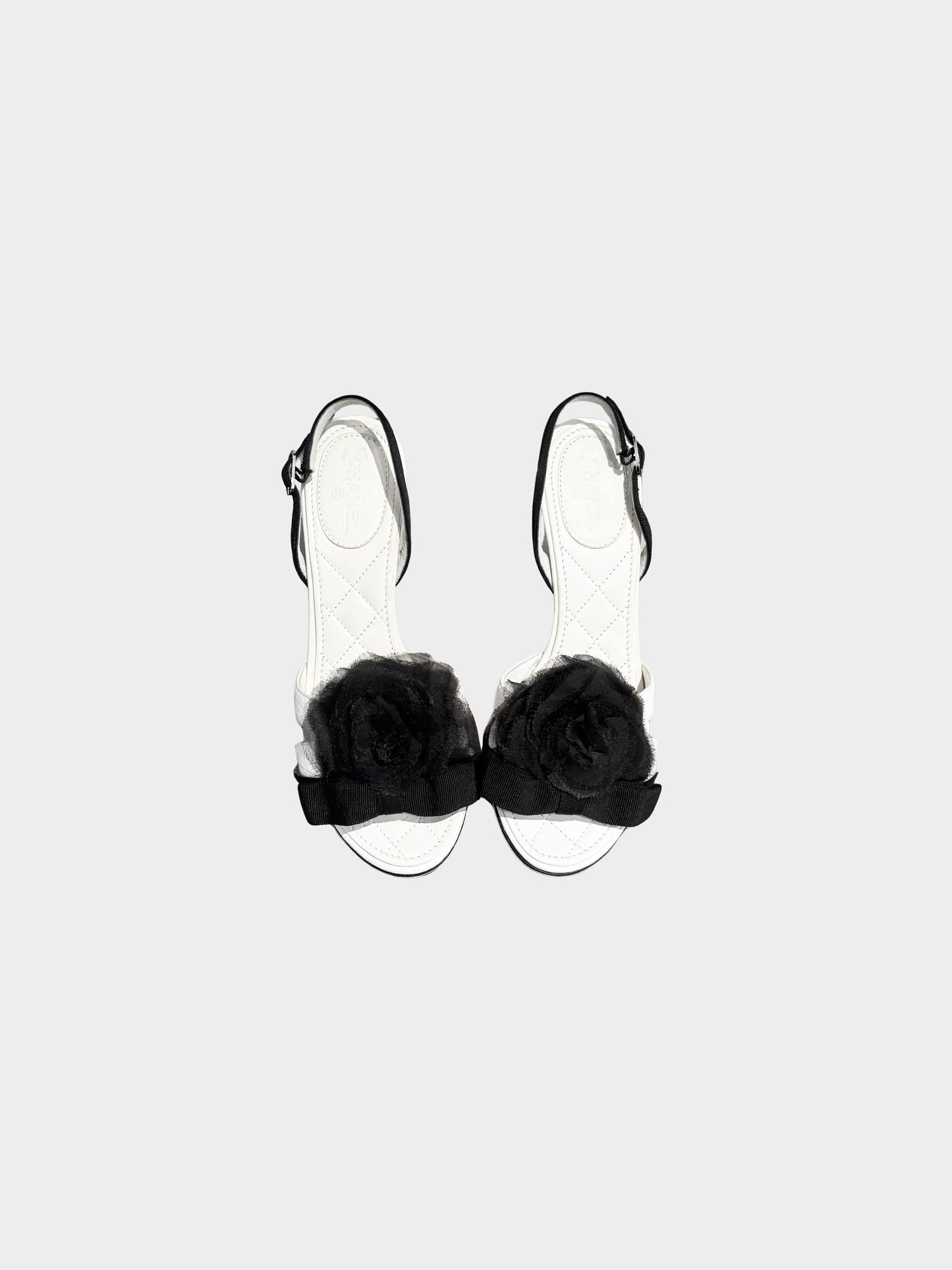 Chanel by Karl Lagerfeld 2006 White and Black Lambskin Leather Camellia and Bow Heels