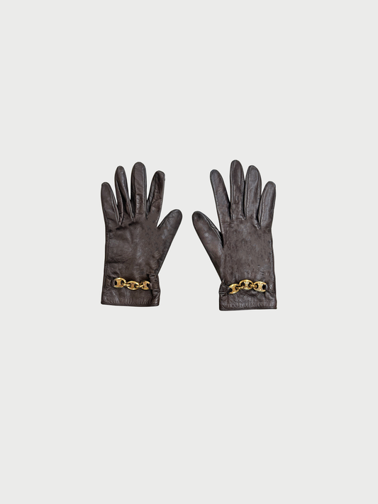 Celine 1990s Brown Leather Triomphe Gloves