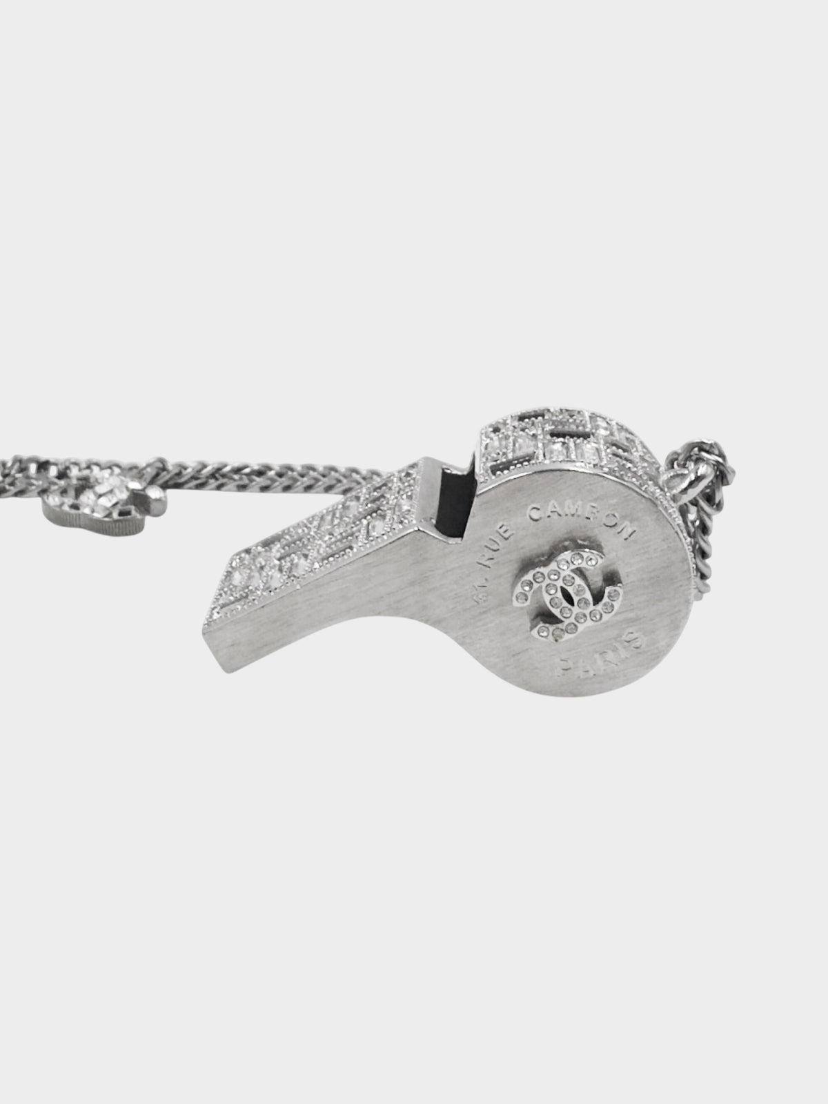 Chanel FW 2019 Silver CC Rhinestone Whistle Necklace