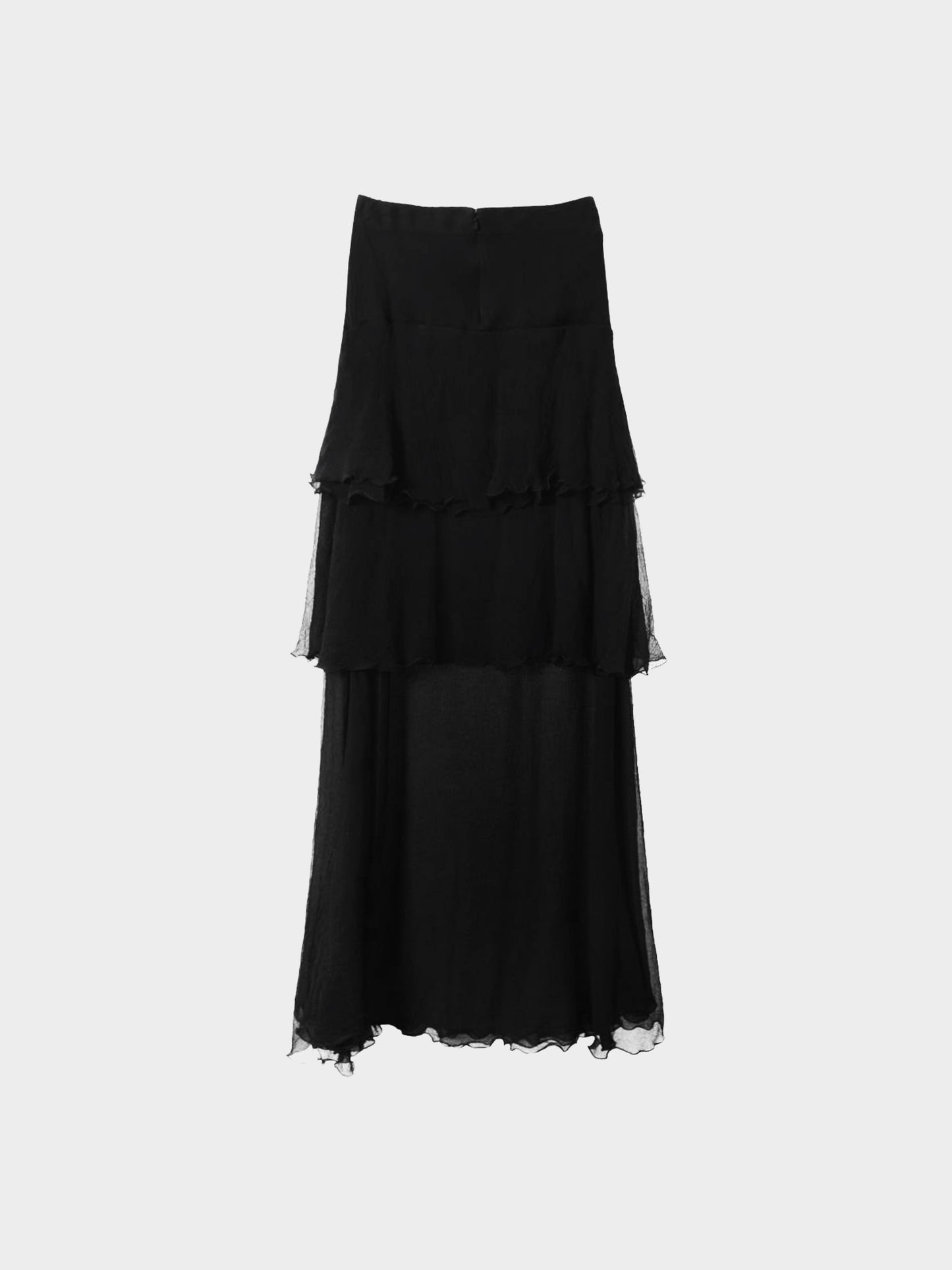 Chloe 2000s Black Silk Chiffon Ruffle Tiered Long Skirt