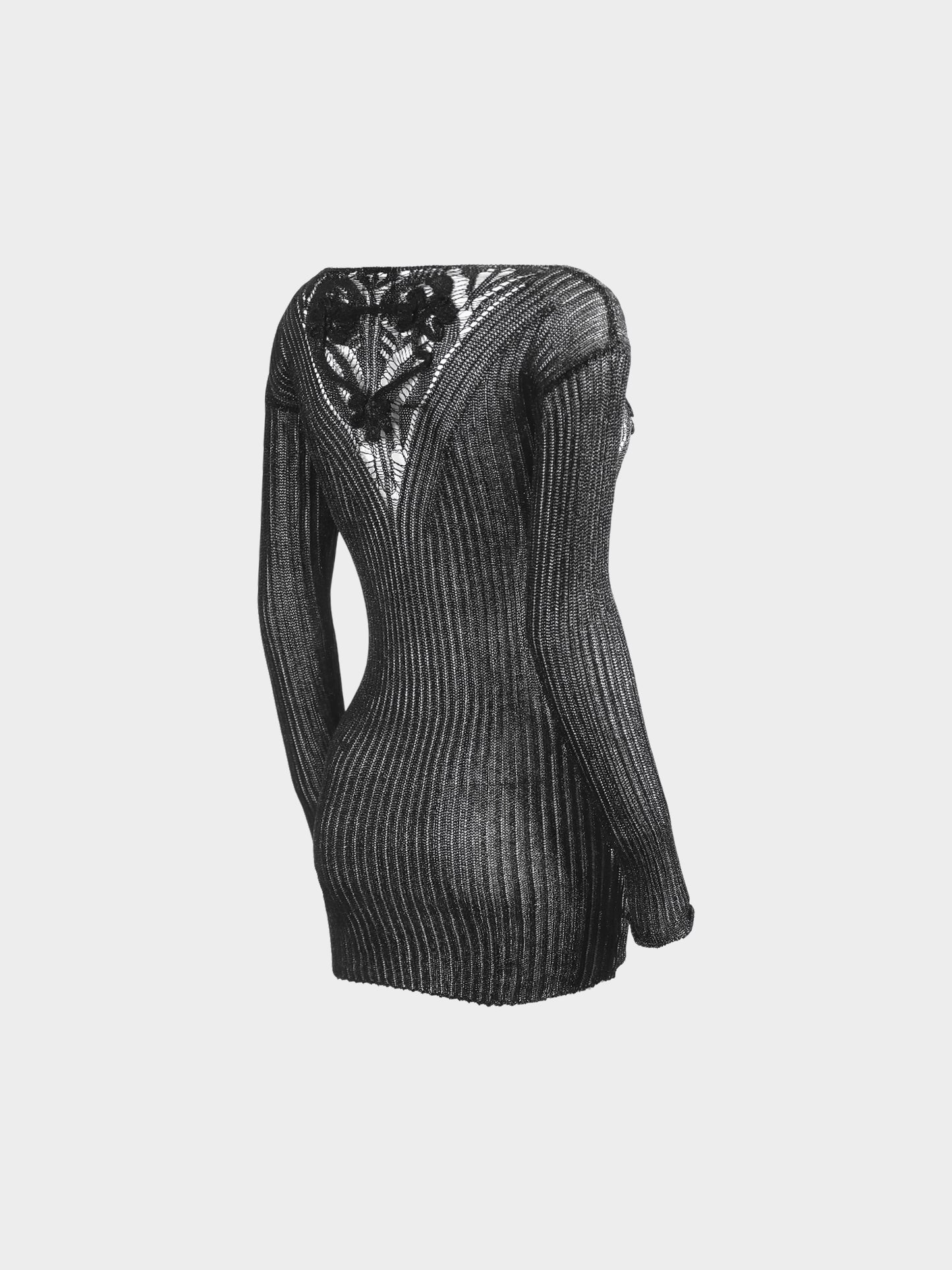 Jean Paul Gaultier 2000s Black Micro Cutout Knitted Mini Long Sleeved Dress