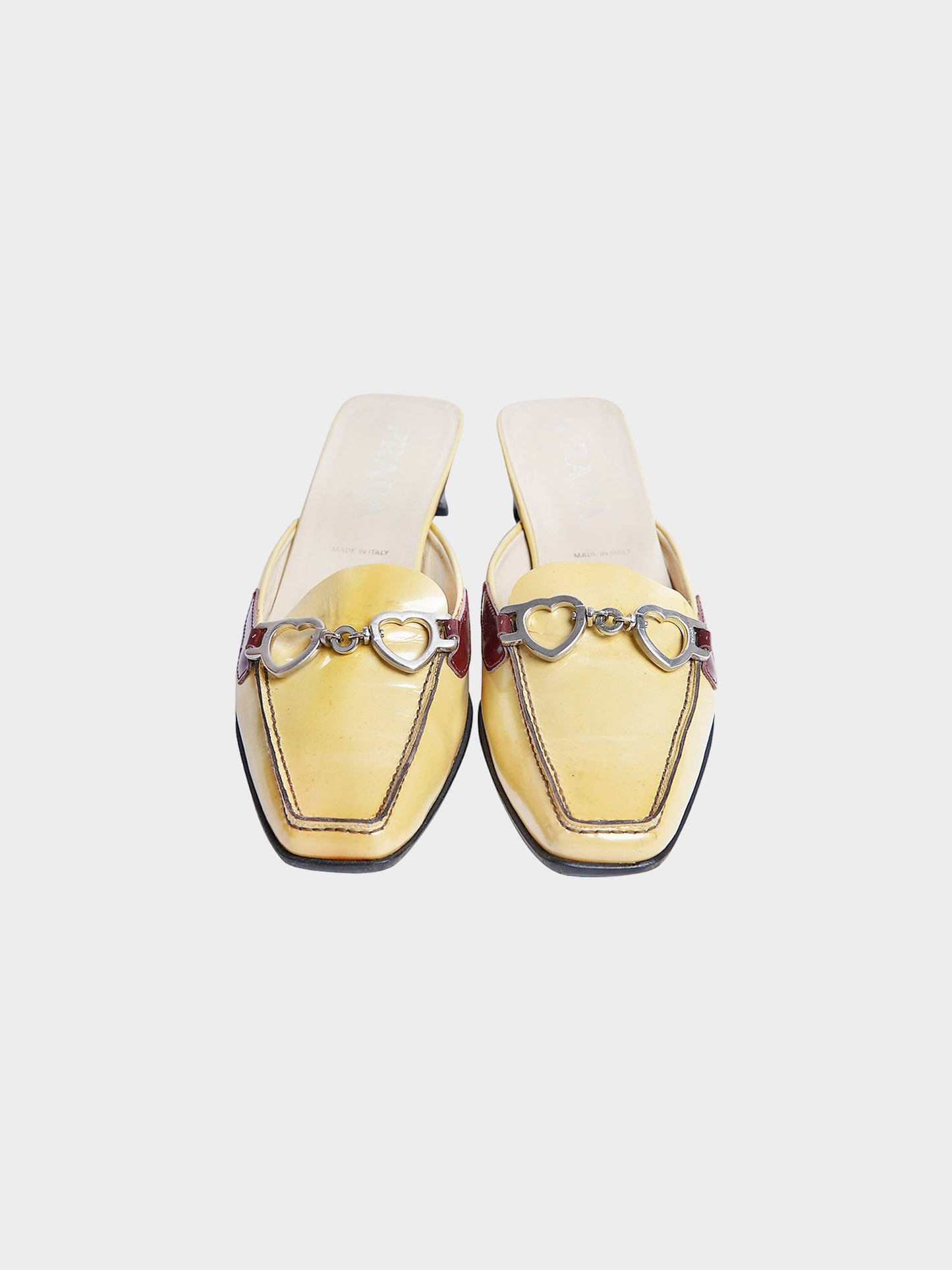 Prada SS 2000 Beige Patent Leather Heart Chain Mules⁣
