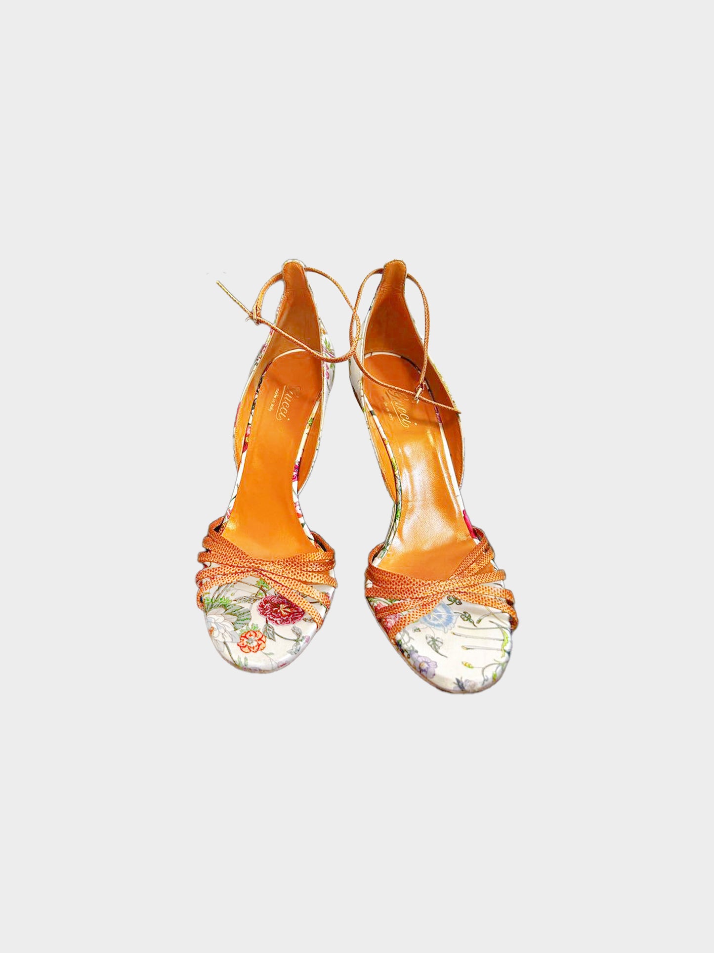 Gucci 2000s Multicolor Floral Print Satin and Brown Lizard Leather Bamboo Wedge Sandals