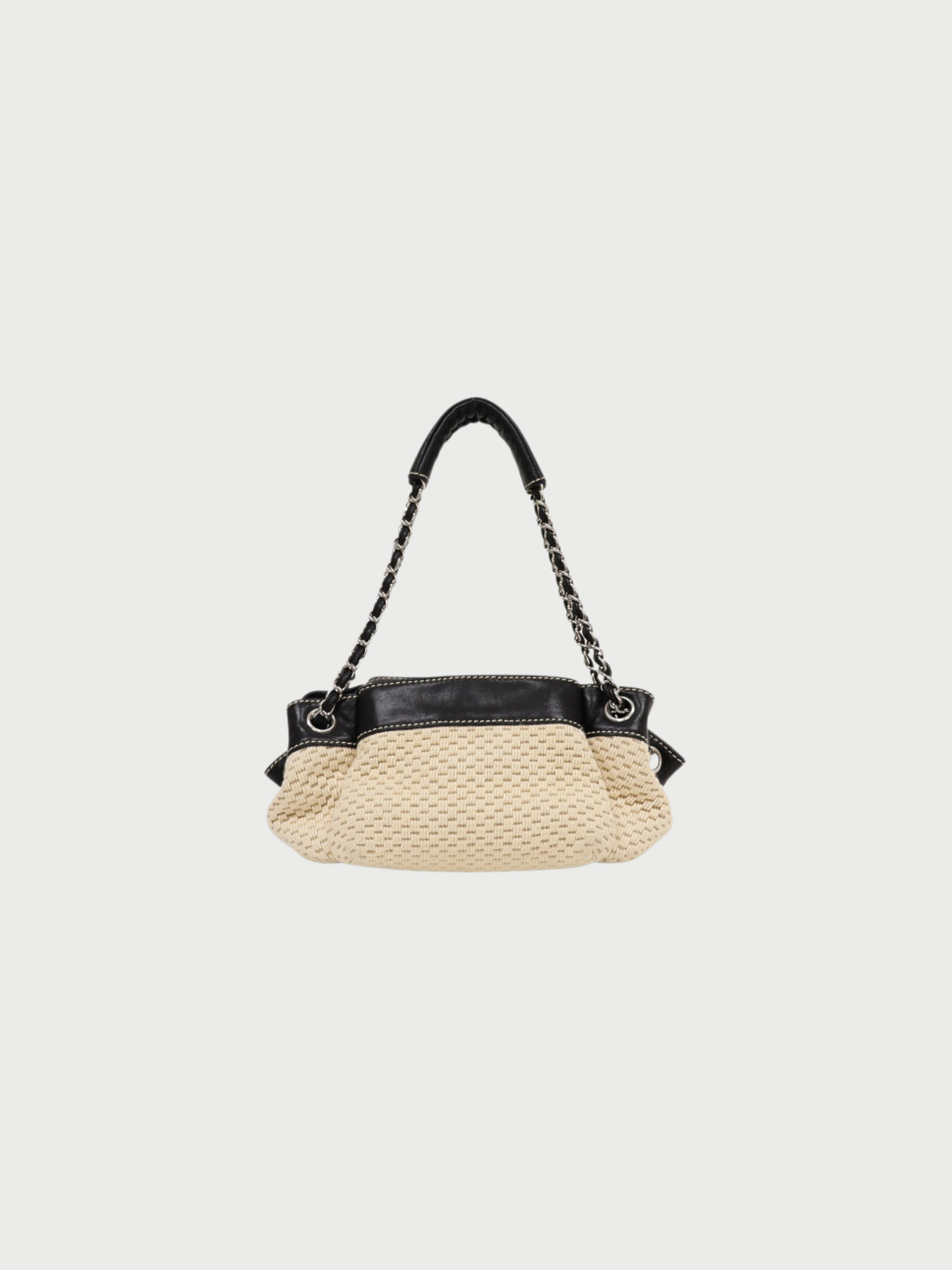 Chanel 2004 Black Ivory Cotton Leather Chain Shoulder Bag