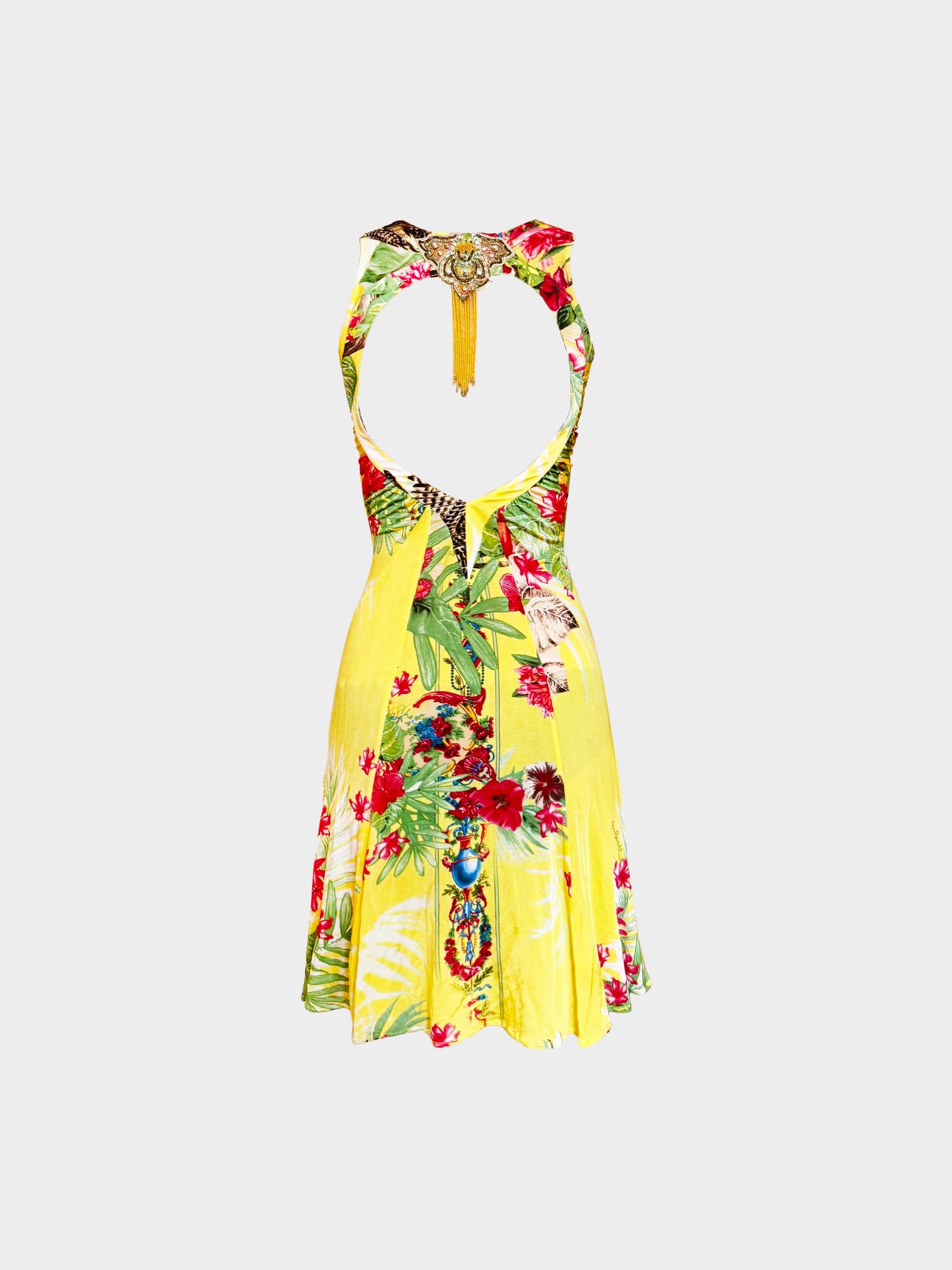 Roberto Cavalli 2000s Yellow Tropical Floral Print Button-down Dress