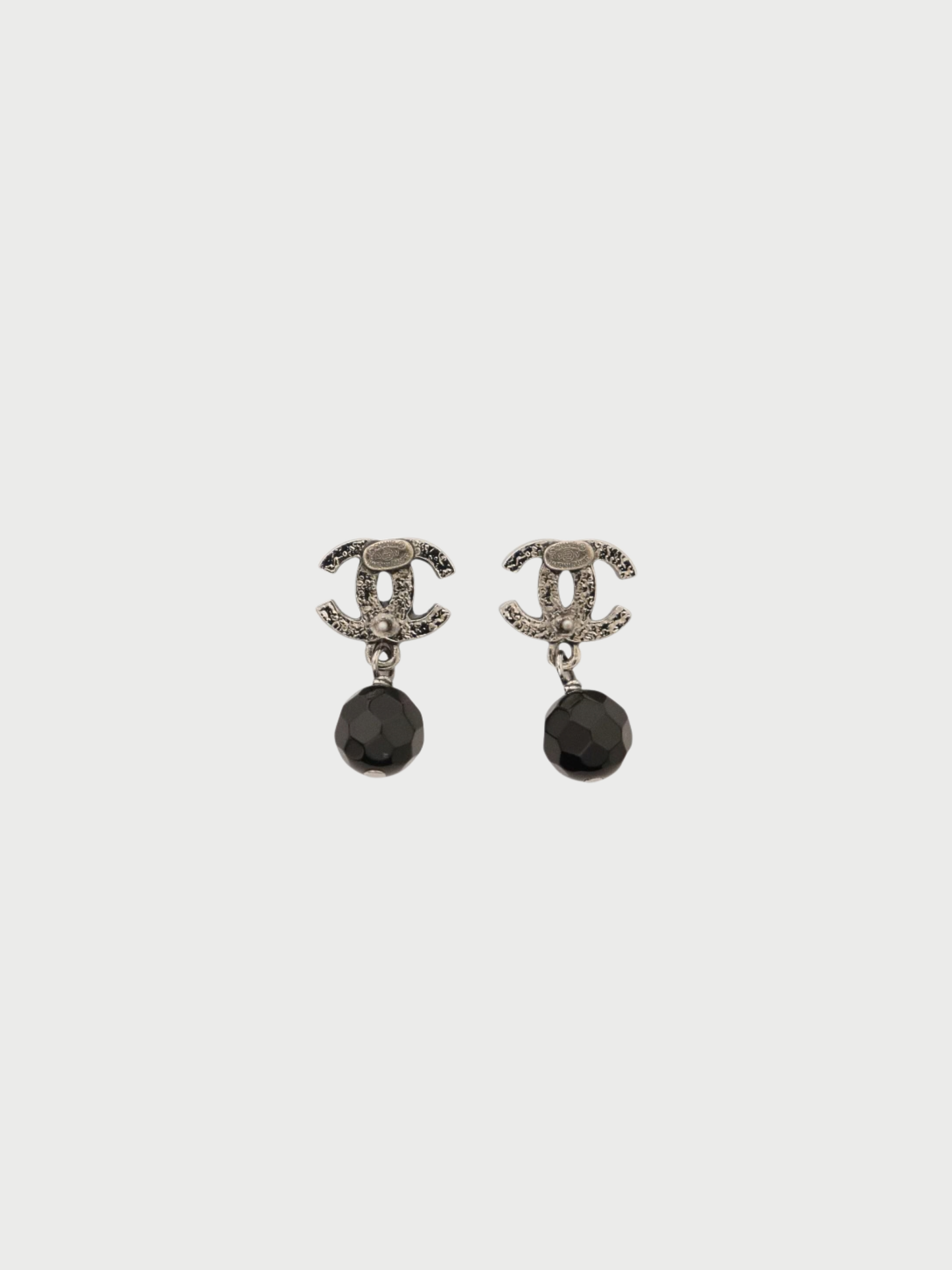 Chanel 2013 Silver Black Plated Metal COCO Stone Earrings