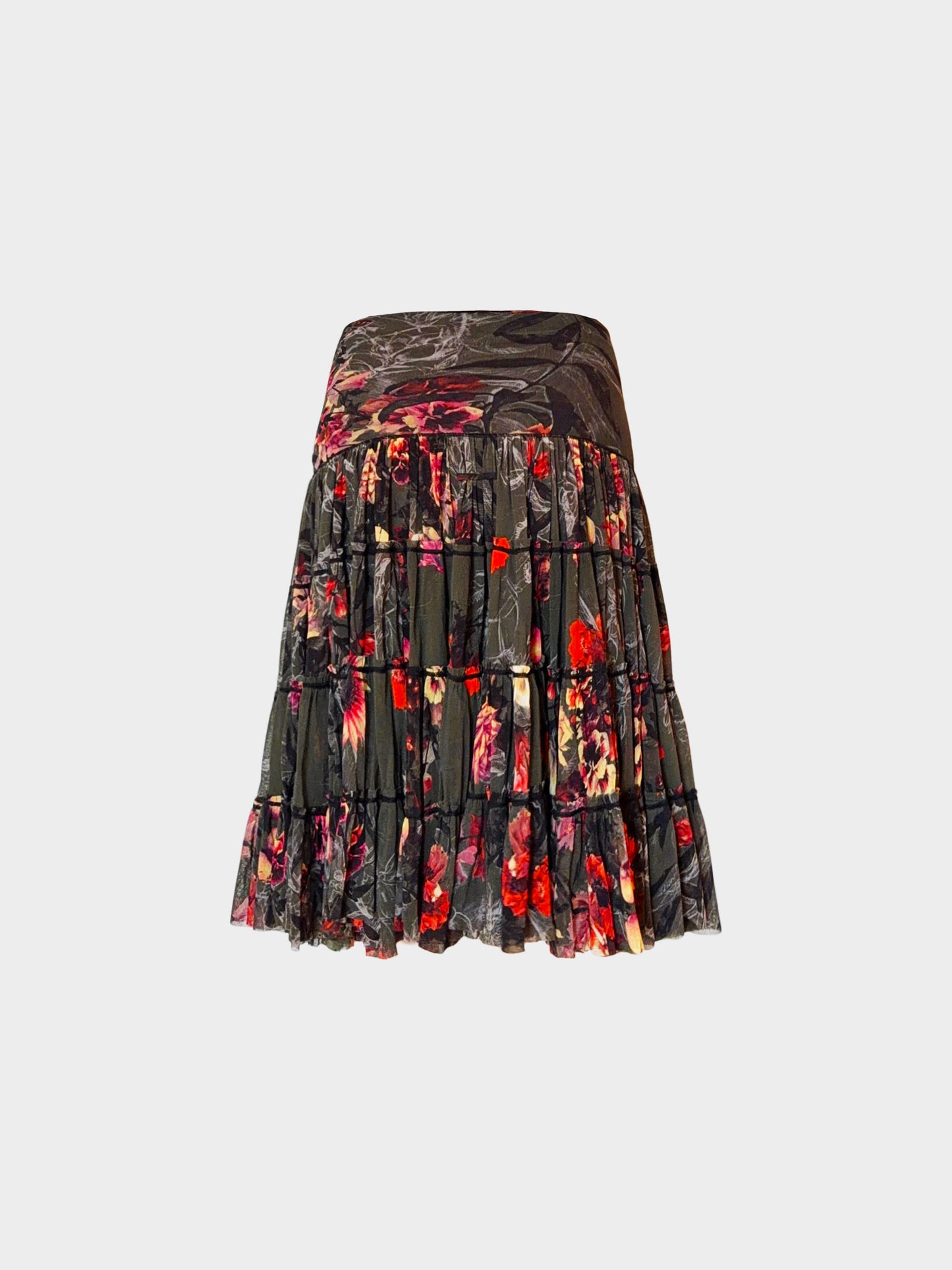 Jean Paul Gaultier 2000s Soleil Dark Green Floral Print Mesh Skirt