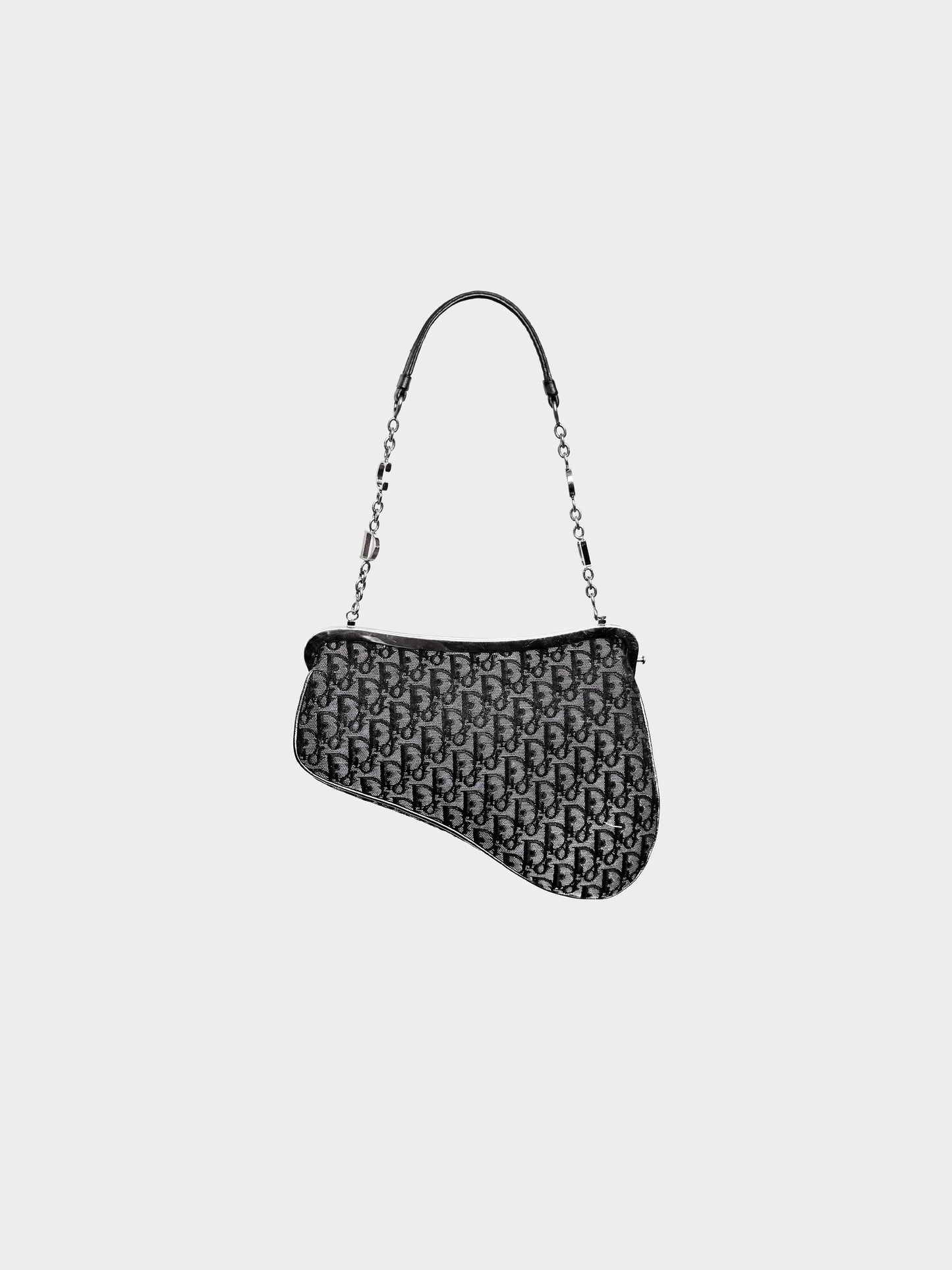 Christian Dior Early 2000s Black and Metallic Grey Diorissimo Mini Saddle Bag
