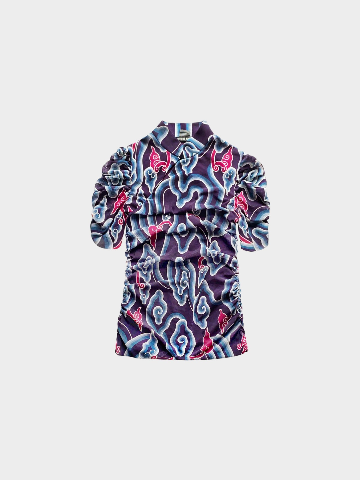 Vivienne Tam 2000s Purple Abstract Dragons Clouds Print Mesh Top and Skirt Set