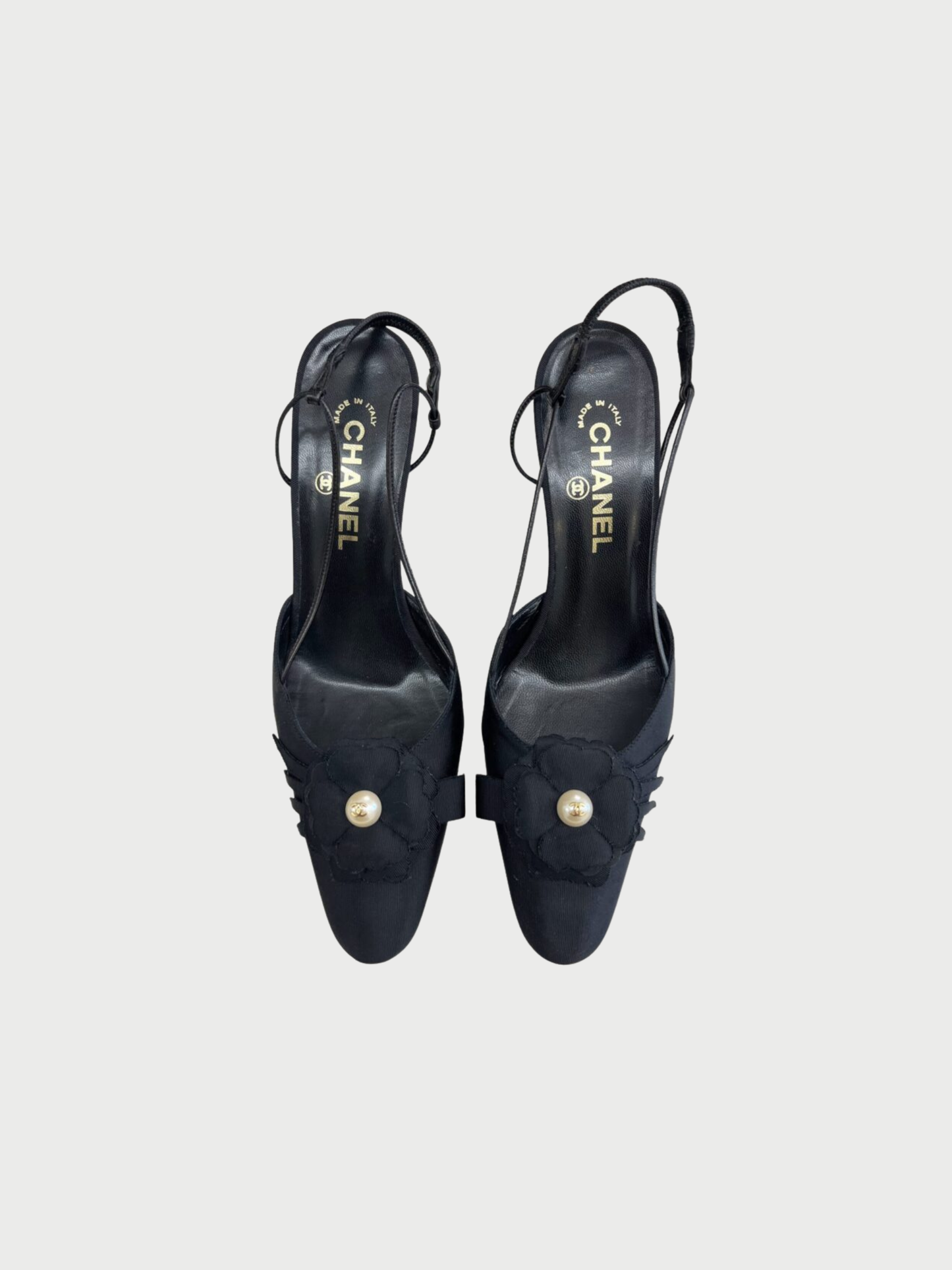 Chanel 2020s Black Grosgrain Leather Camellia Pearl Slingback Heels