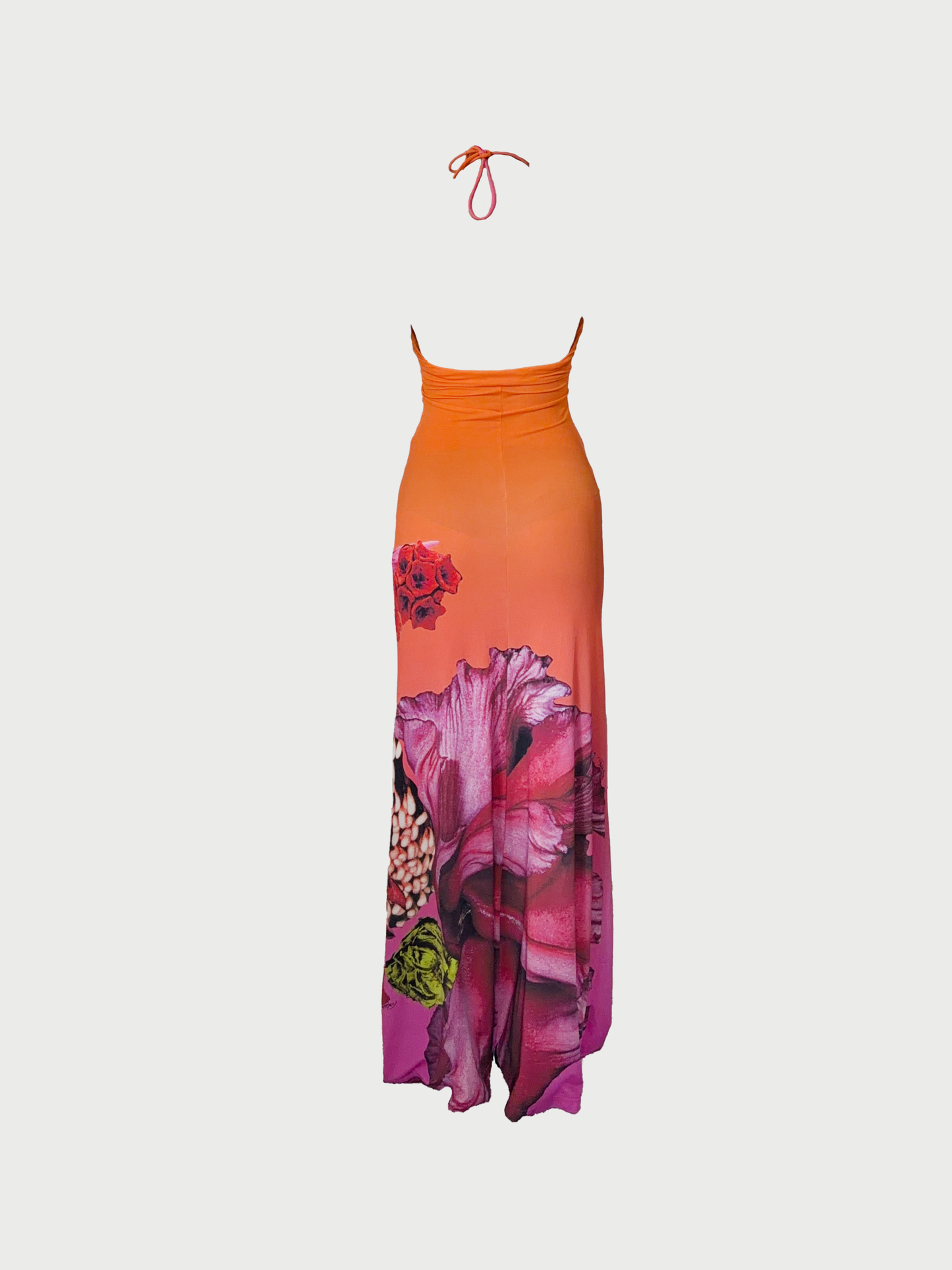 Roberto Cavalli Class 2000s Orange Pink Floral Halter Maxi Dress
