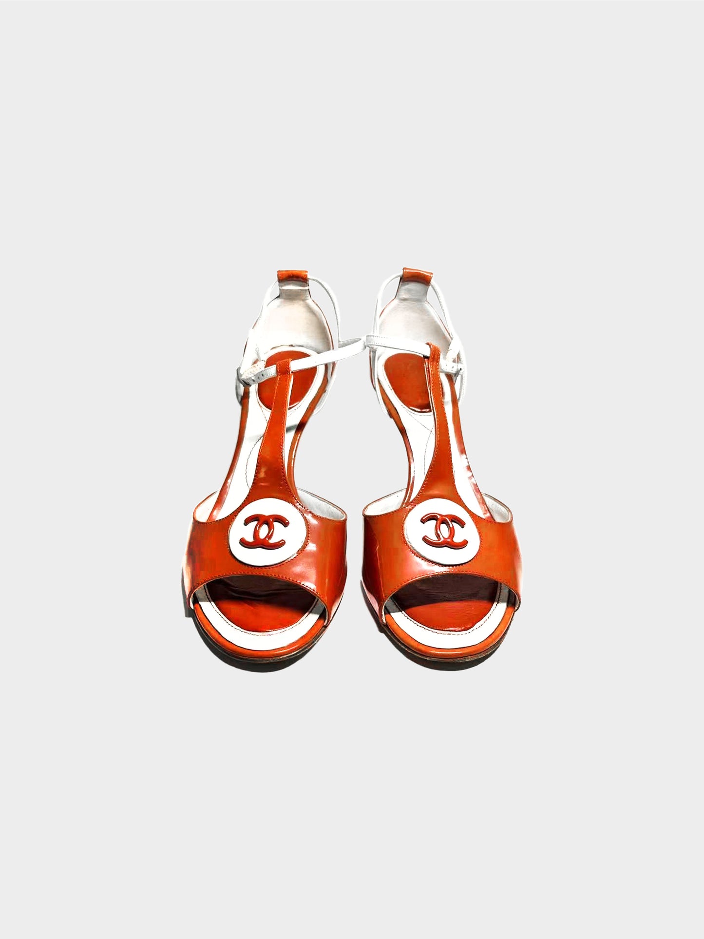 Chanel 2000s Red Brown Patent Leather Peep Toe Heels