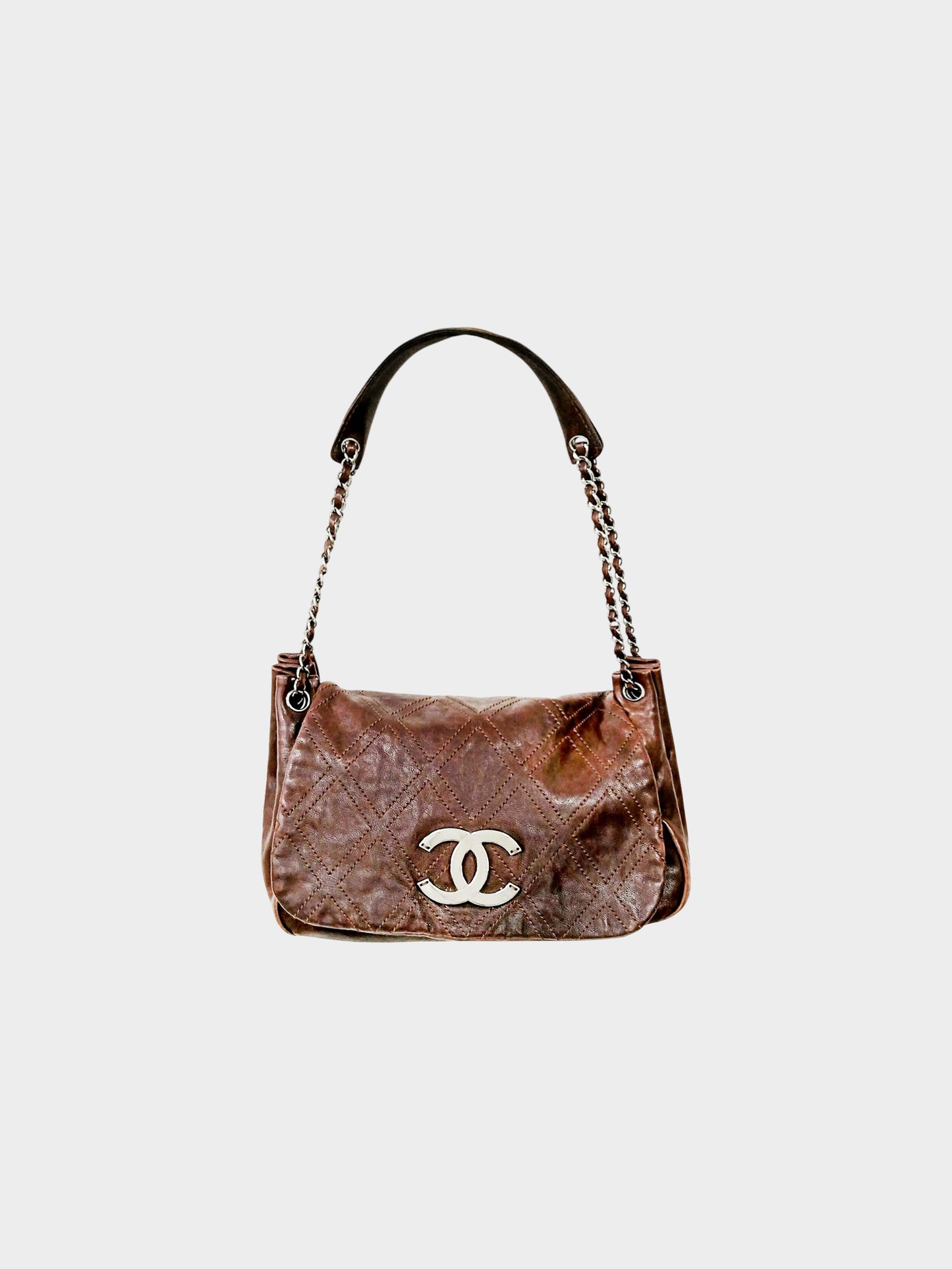Chanel 2006 Brown Calfskin Leather Diamond Stitch Accordion Flap Bag
