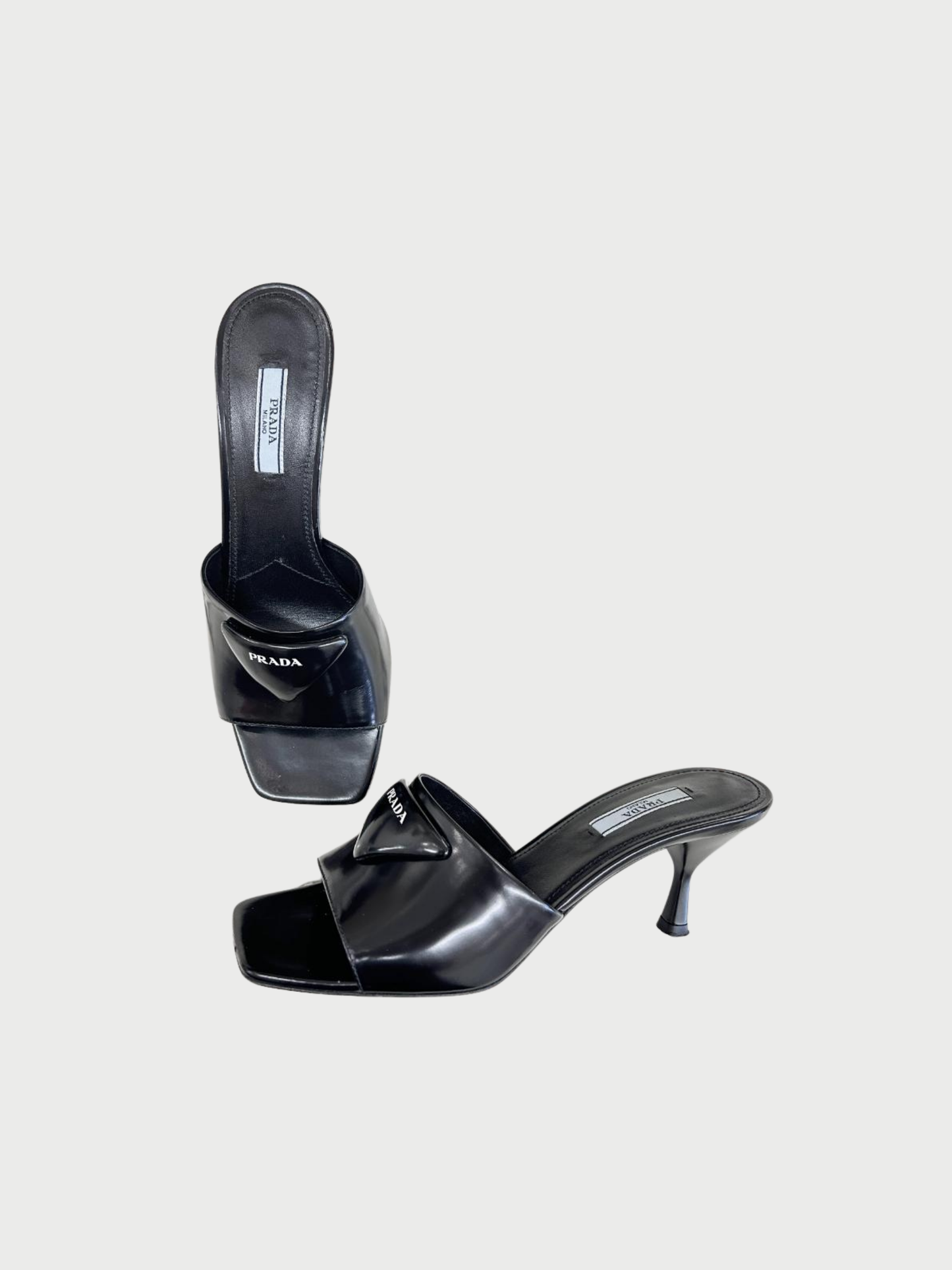 Prada 2010s Black Patent Leather Kitten Heel Mule Sandals