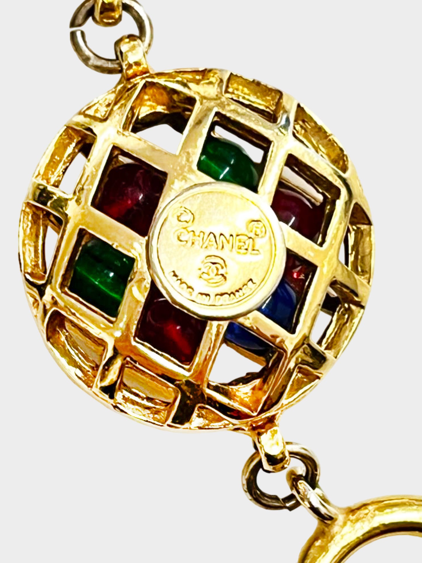 Chanel 1980s Gold Cage Link Bracelet with Gripoix Beads