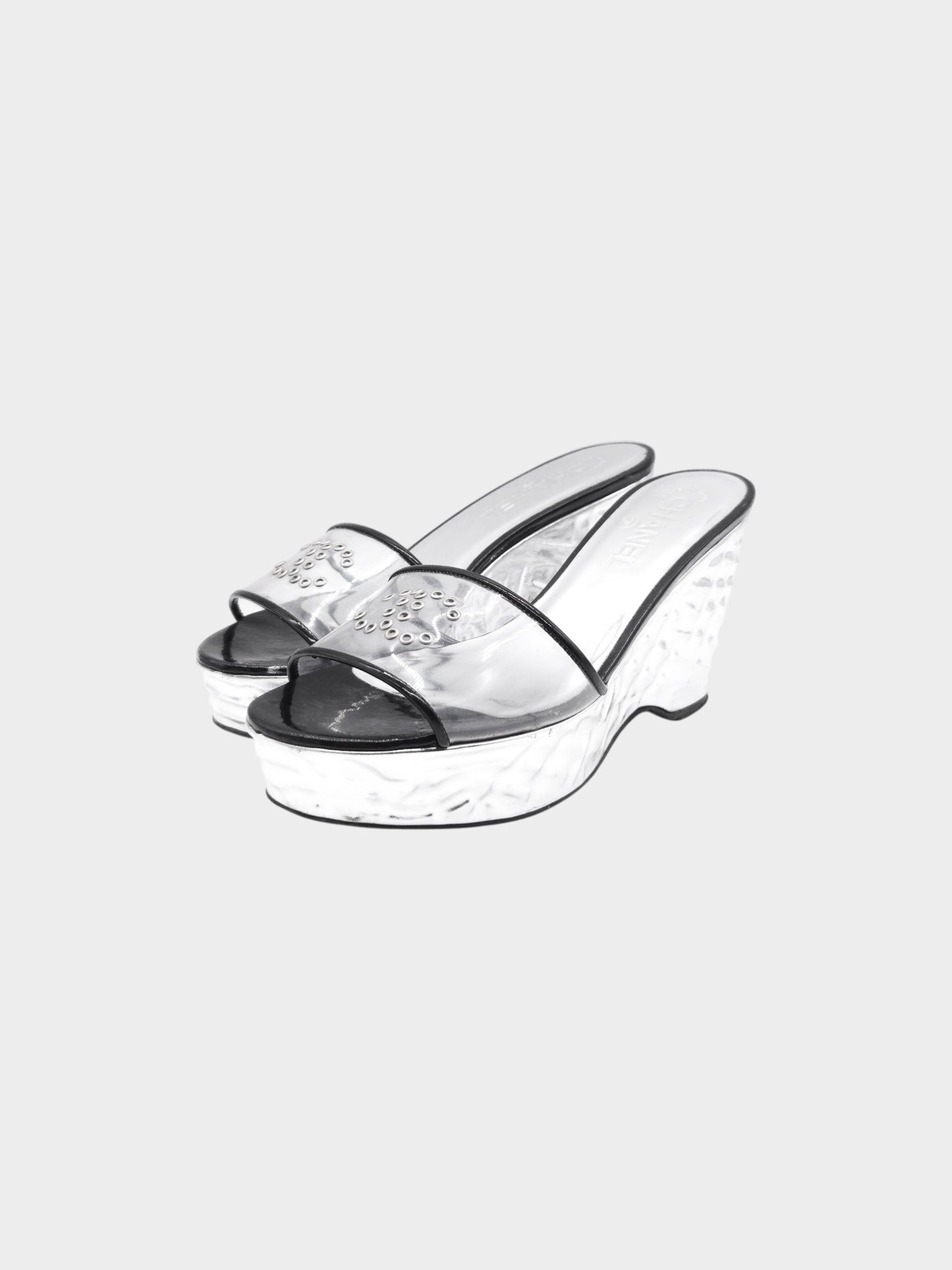 Chanel by Karl Lagerfeld Spring 2009 Black and Silver Hammered Silver Wedge Slide Sandals