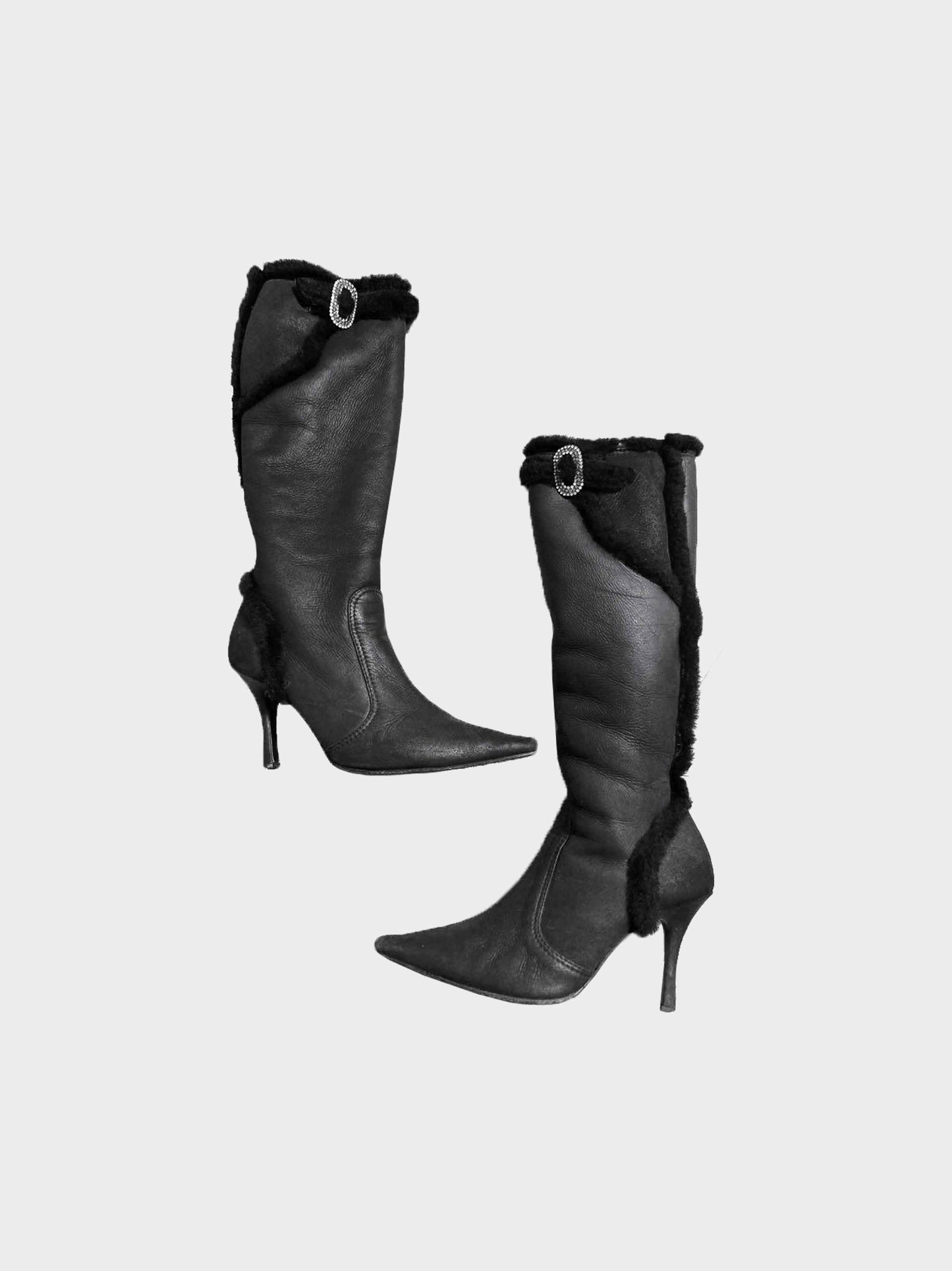 René Caovilla 2000s Black Leather and Fur Trim Long Boots