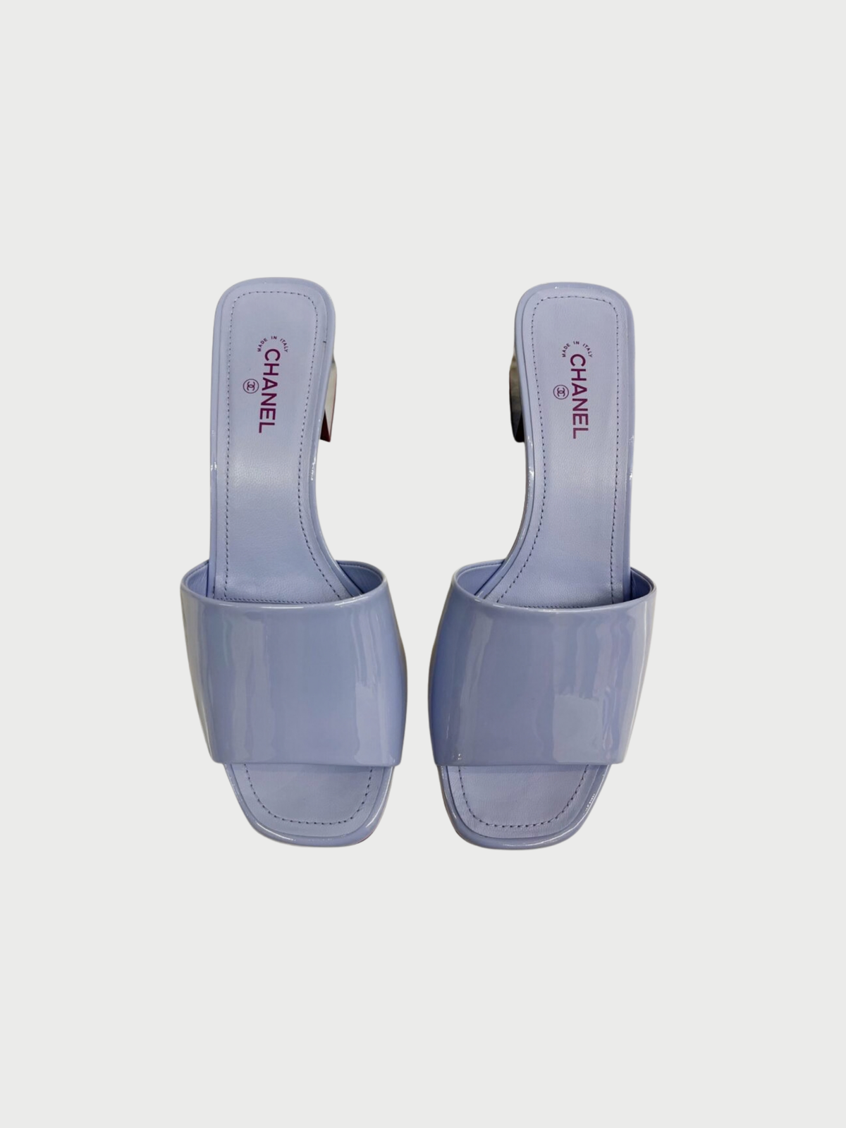 Chanel 2020s Lavender Patent Leather CC Logo Heel Mules
