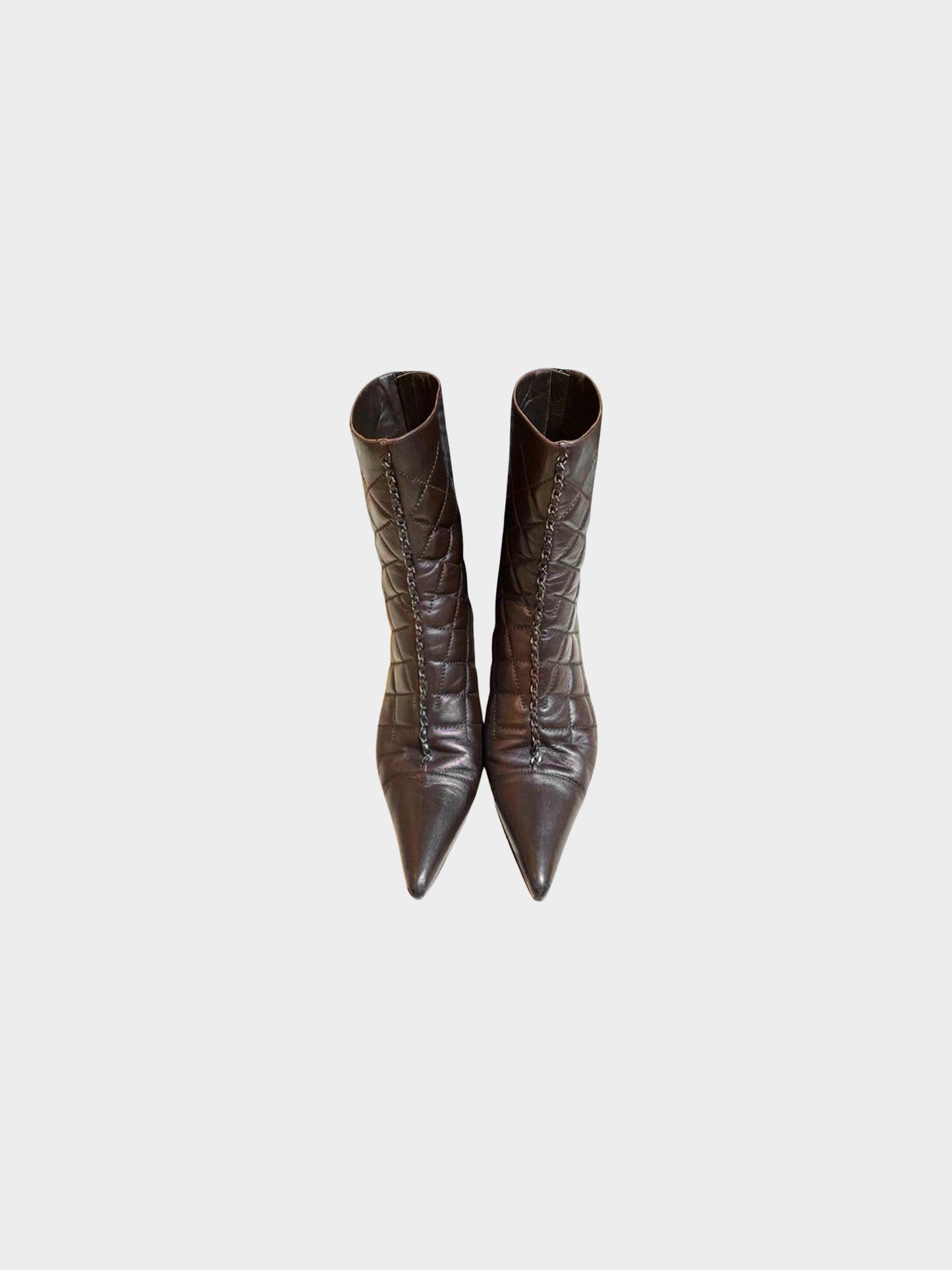 Chanel by Karl Lagerfeld 2004 Brown Leather Quilted Chain Detail Pointed Short Boots