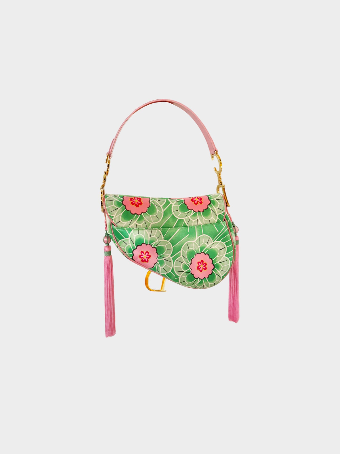 Christian Dior 2003 Green Floral and Koi Print Saddle Bag with Tassels