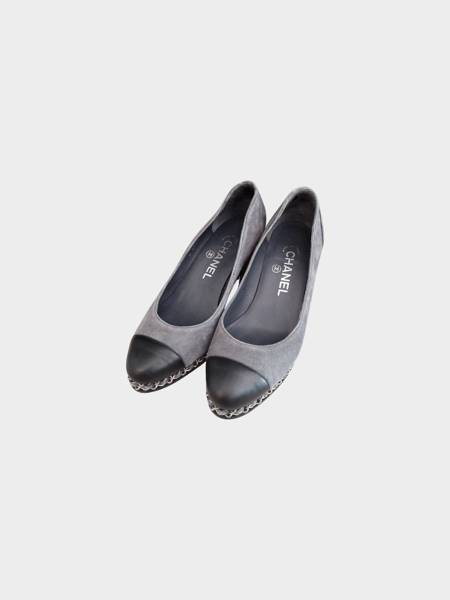 Chanel 2010s Grey and Black Suede Chain-link Wedge Pumps