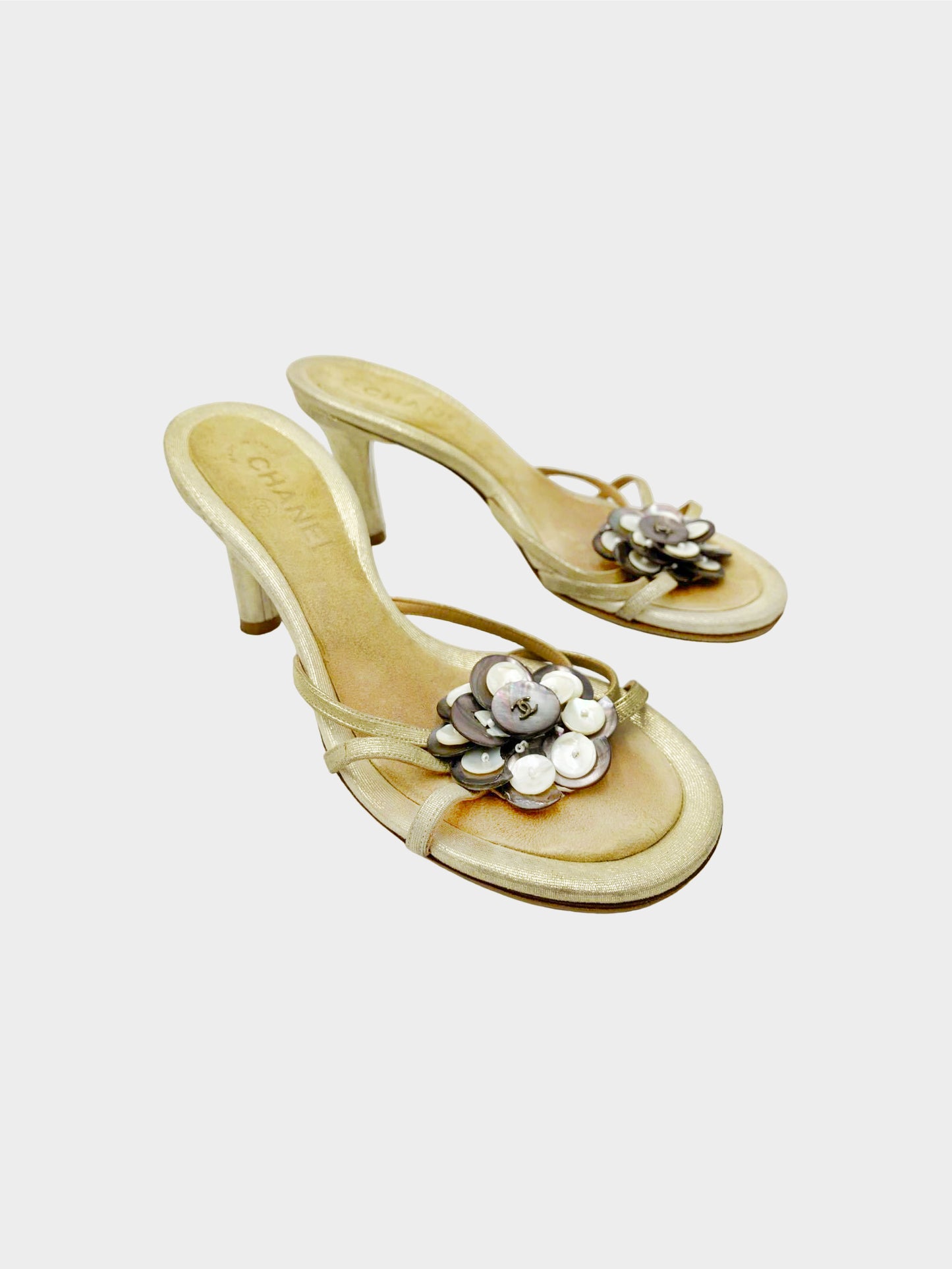 Chanel 2000s Gold and Beige Camellia Heeled Mules