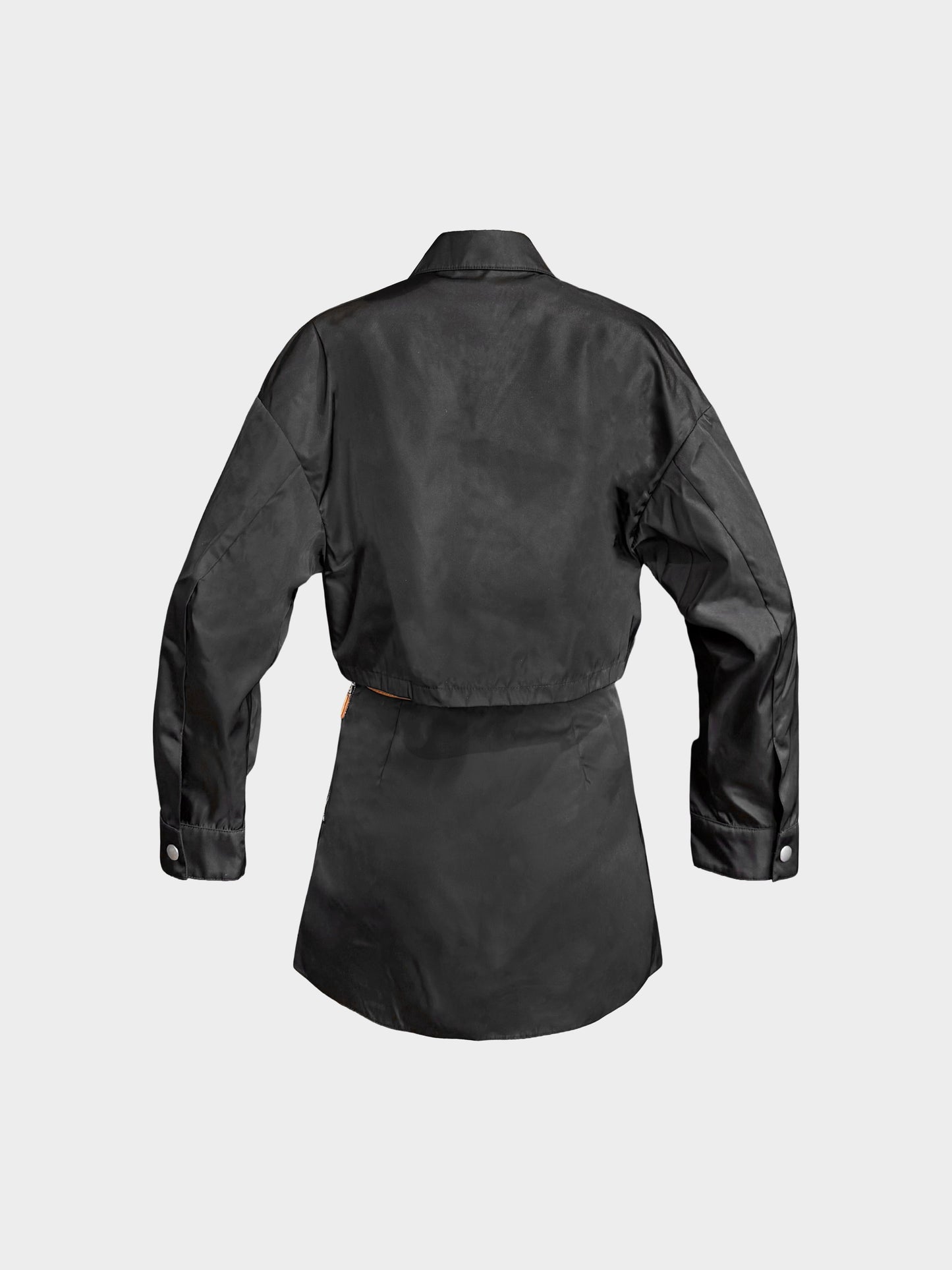 Prada 2023 Black Re-Nylon and Brown Leather Cropped Jacket and Skirt Set