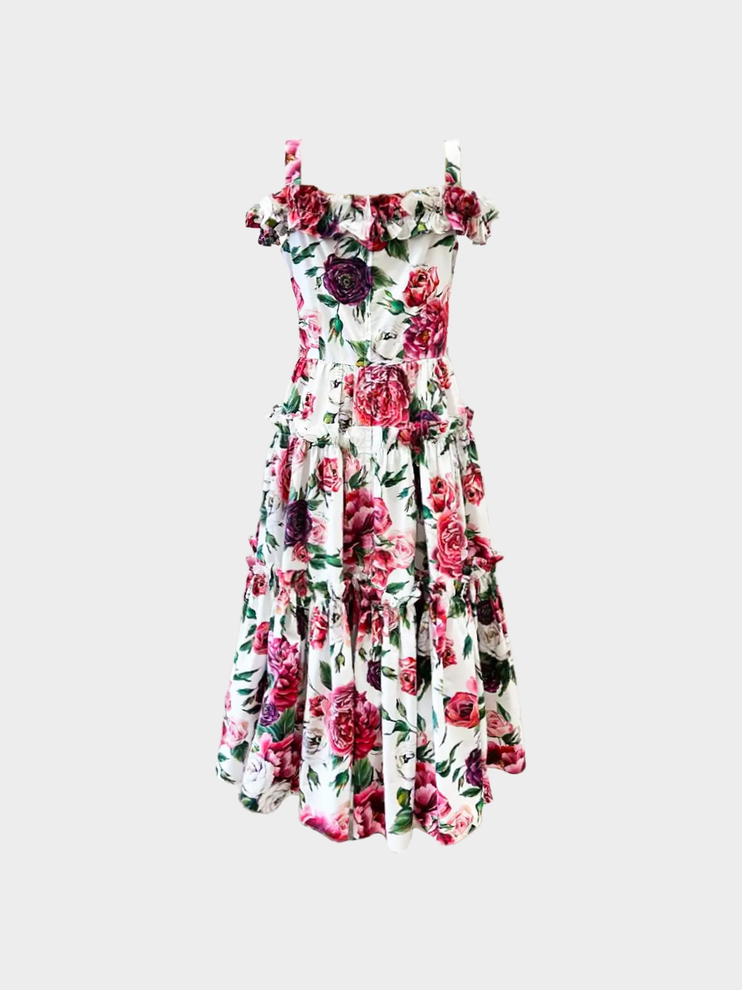 Dolce and Gabbana 2018 Rose and Peony-print Cotton Tiered Dress