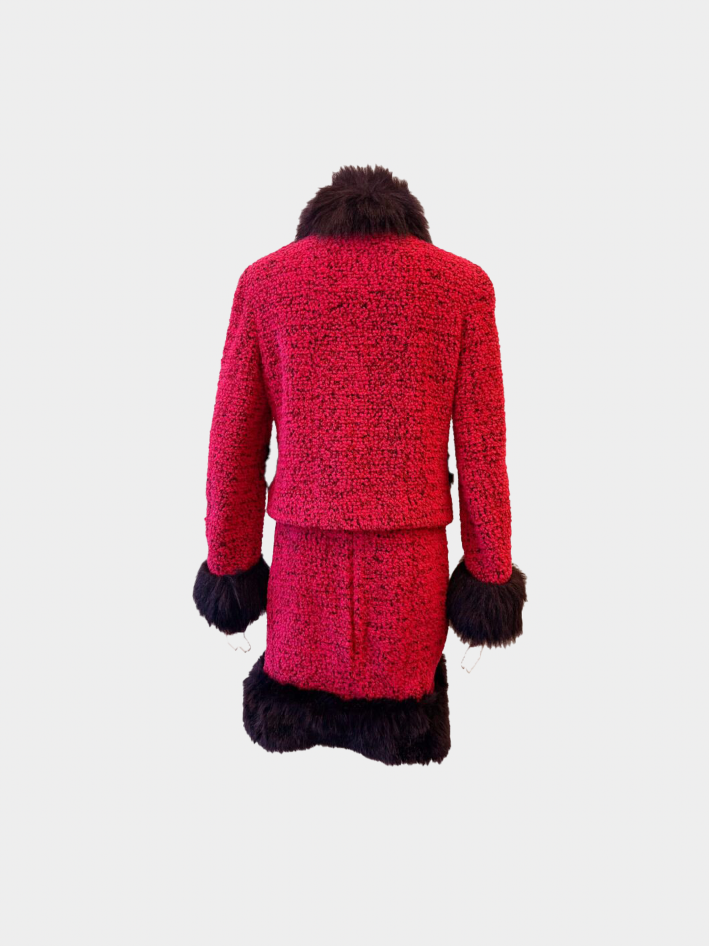 Chanel FW 1994 Raspberry Black Tweed Fur Trim Skirt Suit
