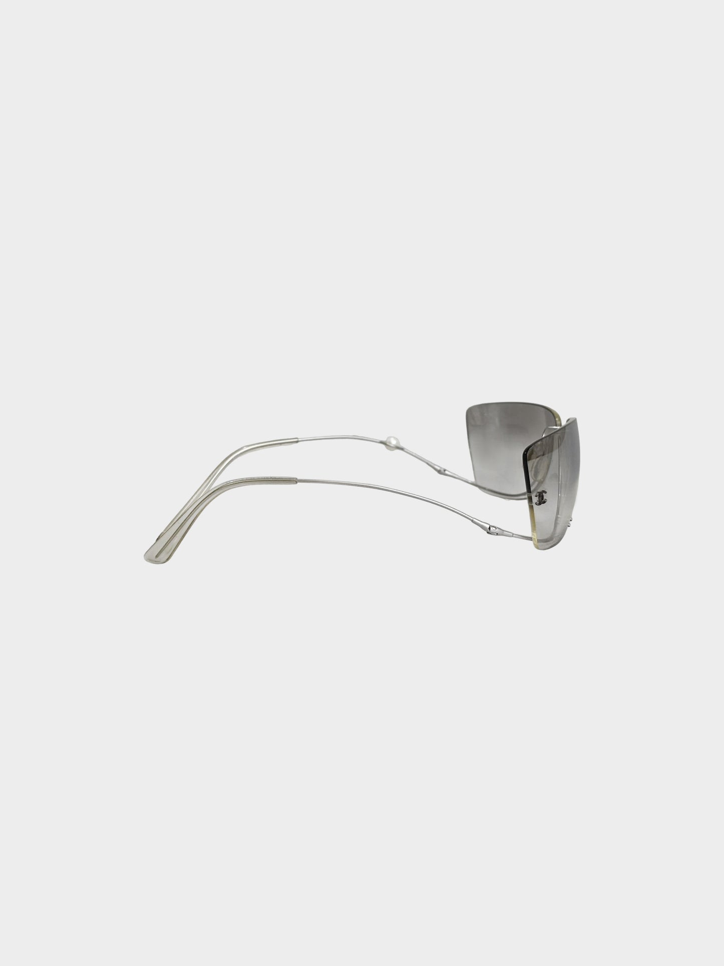 Chanel 2010s Rare Silver Rimless Lower Frame Sunglasses with Faux Pearl