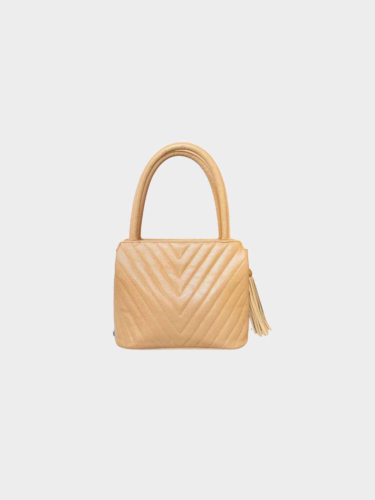 Chanel Early 1991-1994 Beige Caviar Leather Chevron Stitch Tassel Handbag