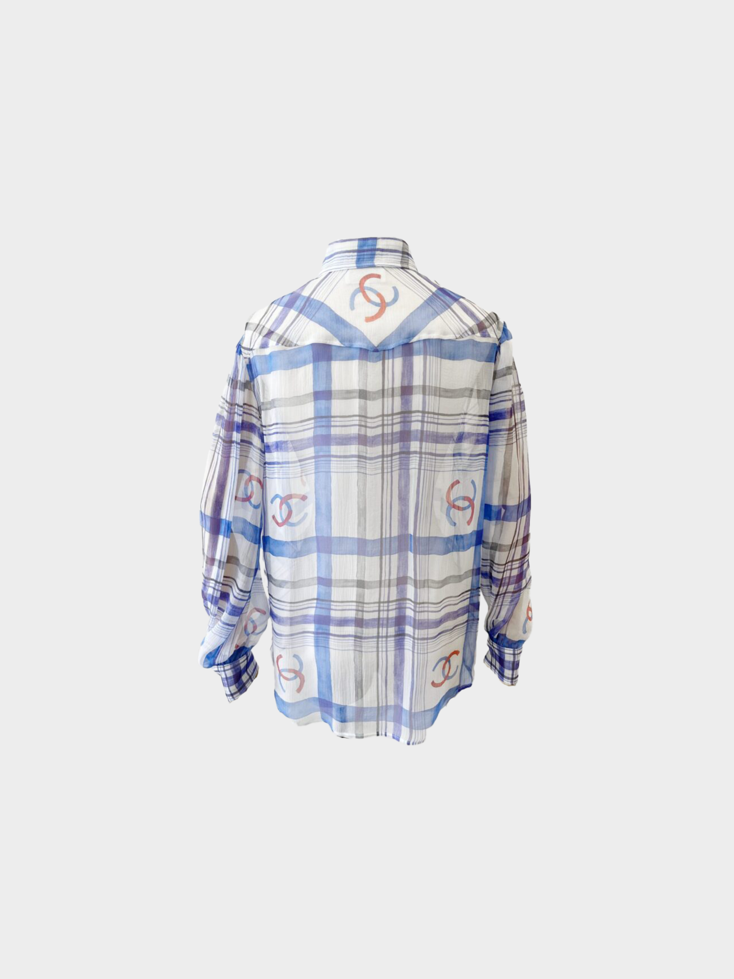 Chanel 2023 Blue White Plaid Silk Chiffon Button Down Shirt