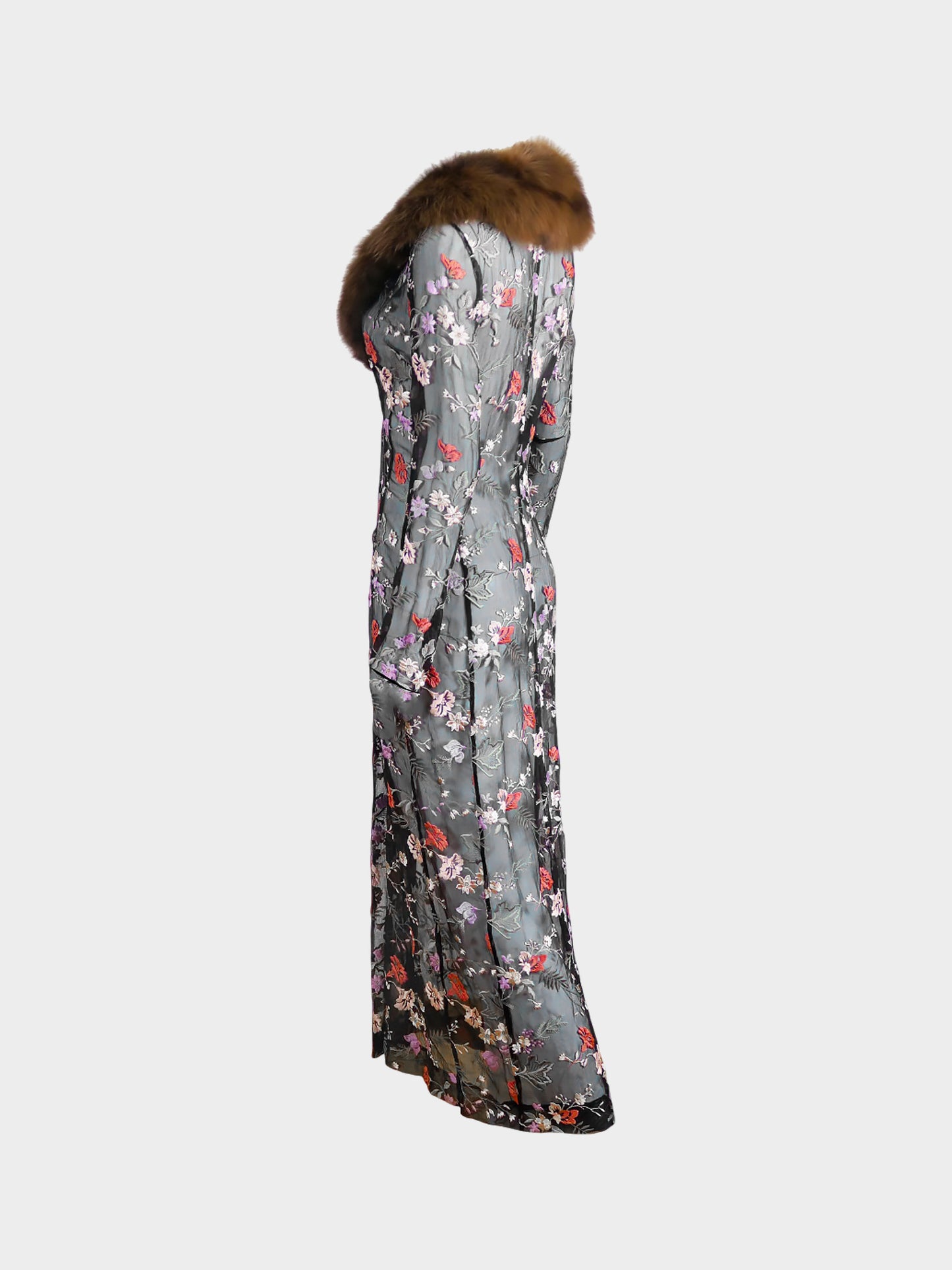 Dolce and Gabbana 1997 Runway Fur Collar Oriental Floral Embroidered Sheer Coat