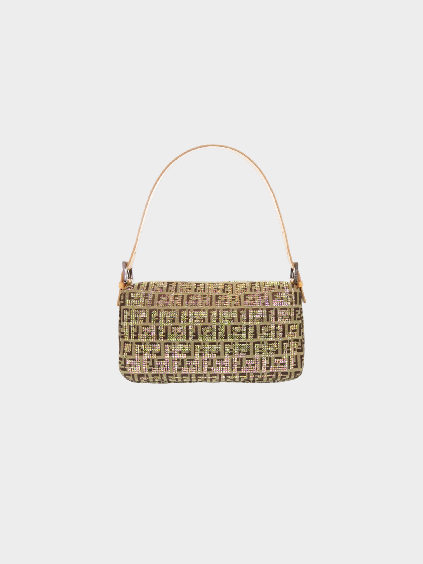 Fendi 2010s Beige and Brown Zucchino Crystal-studded Canvas Baguette