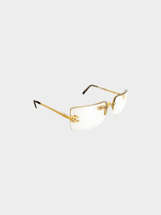 Chanel 2000s Rare Gold Metal Rhinestone CC Sunglasses
