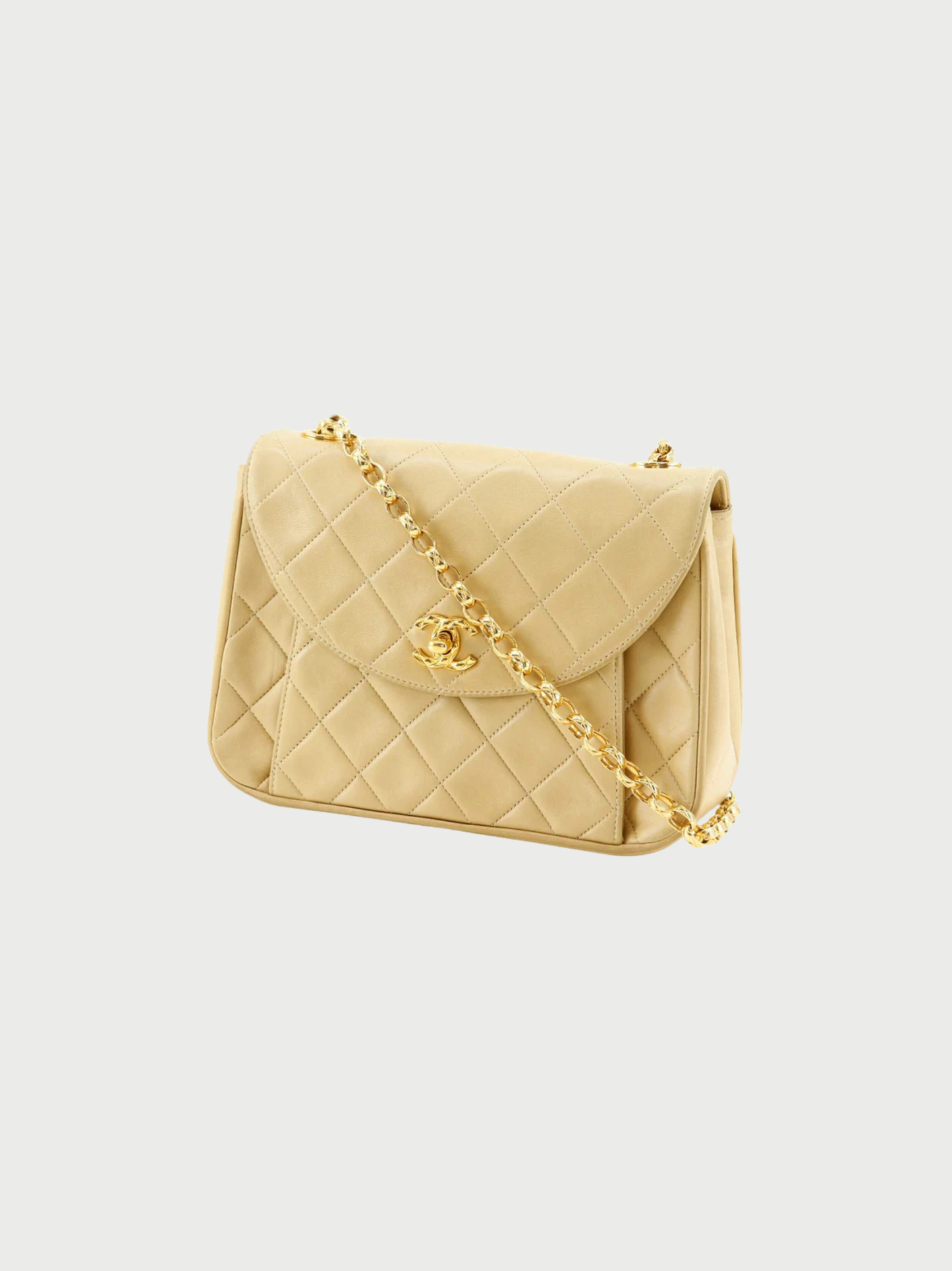 Chanel 1990s Beige Lambskin Leather Matelassé Chain Shoulder Bag