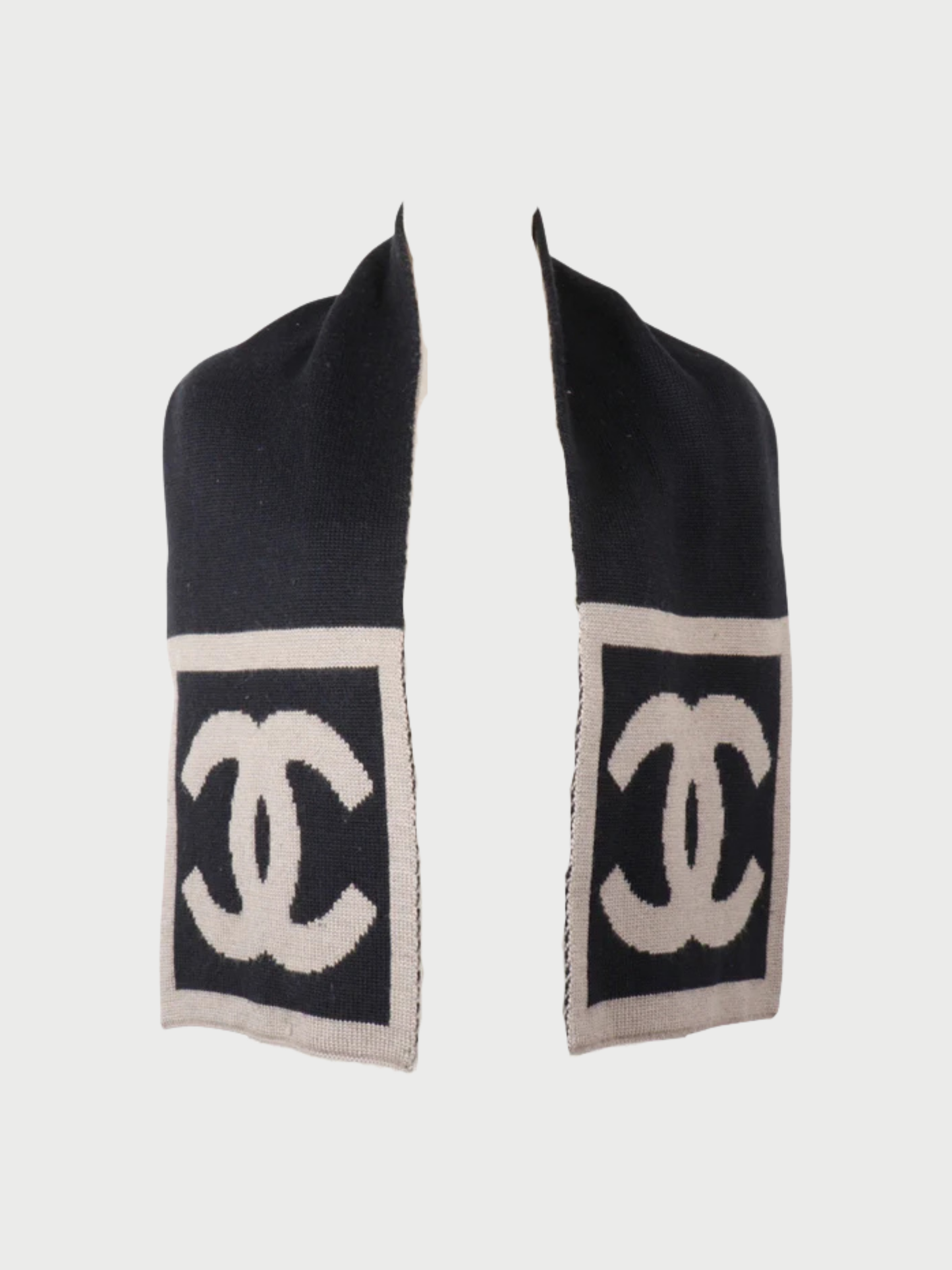 Chanel 2000s Black Gray Wool Silk Cashmere Coco Mark Muffler
