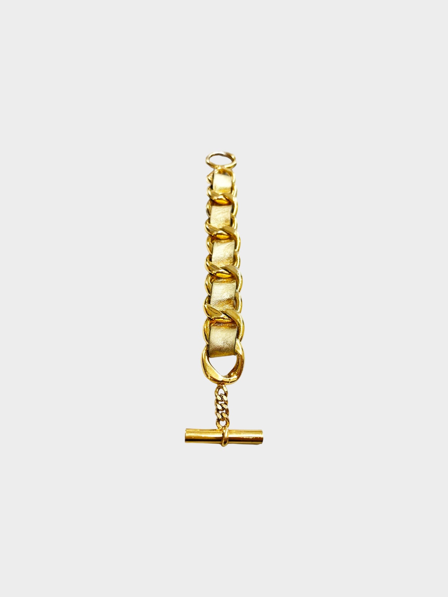 Chanel 1980s Gold Leather-Threaded Large Chain Link Bracelet