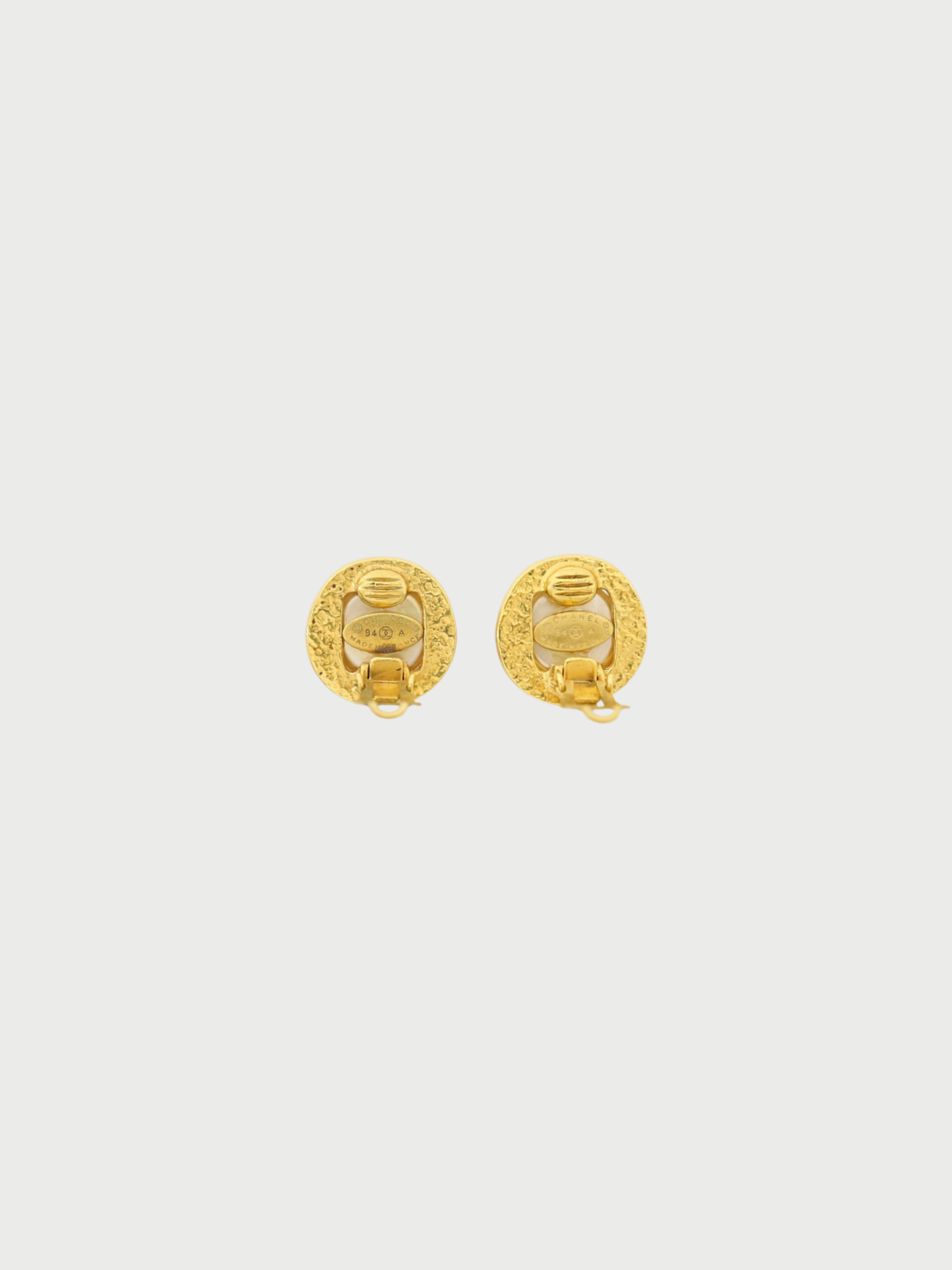 Chanel SS 1994 Gold Plated Metal Pearl COCO Round Earrings