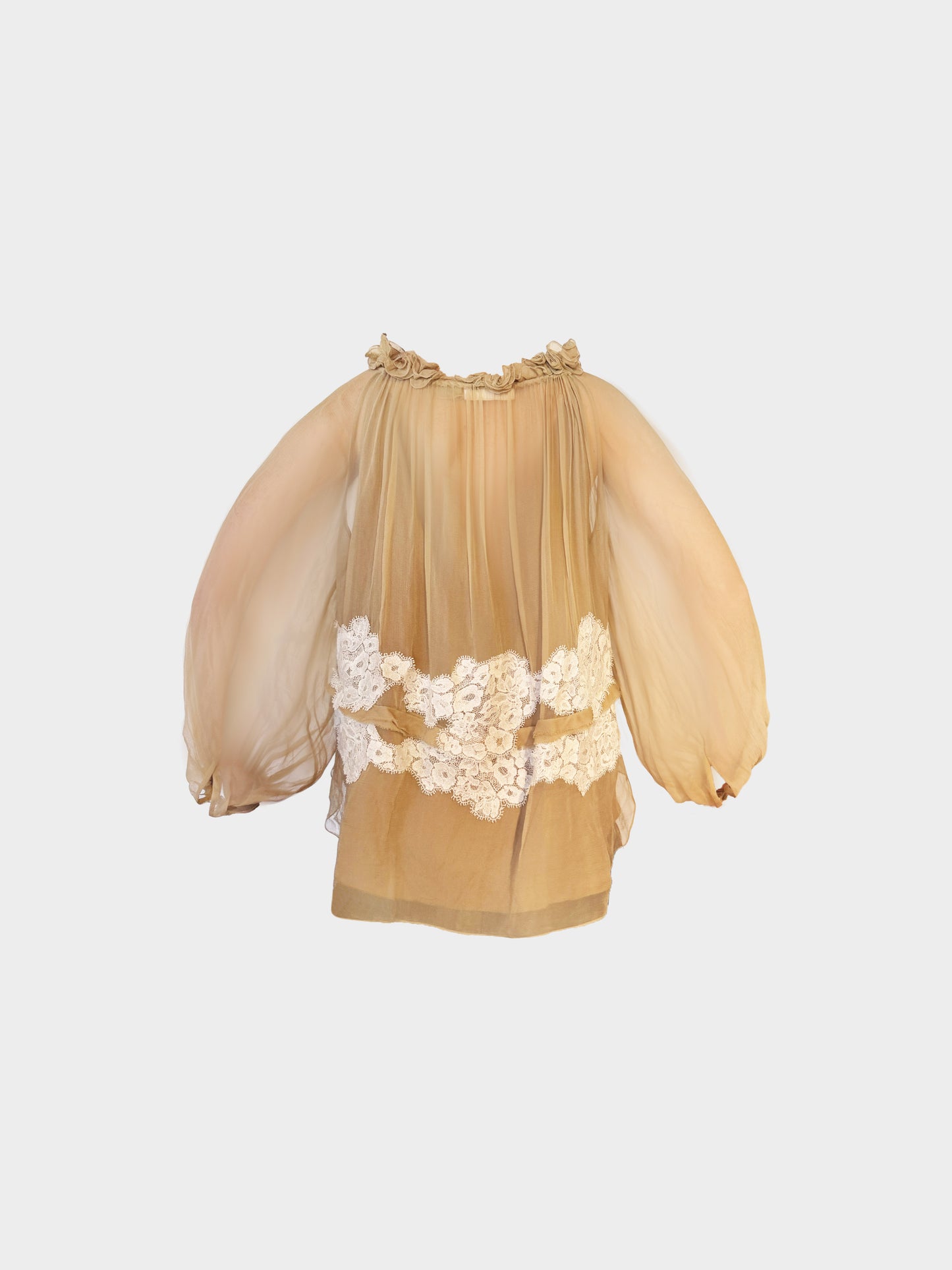 Chloé Resort 2016 Beige Silk Crepe and Lace Ruffled Sheer Blouse