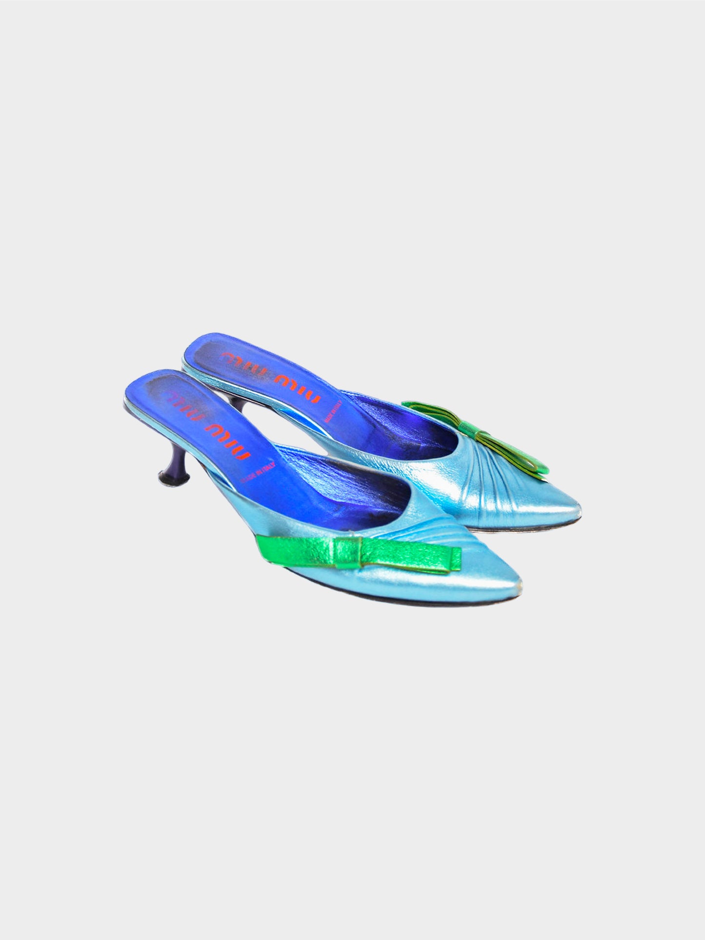 Miu Miu SS 2000 Blue Metallic Bow Leather Heeled Mules