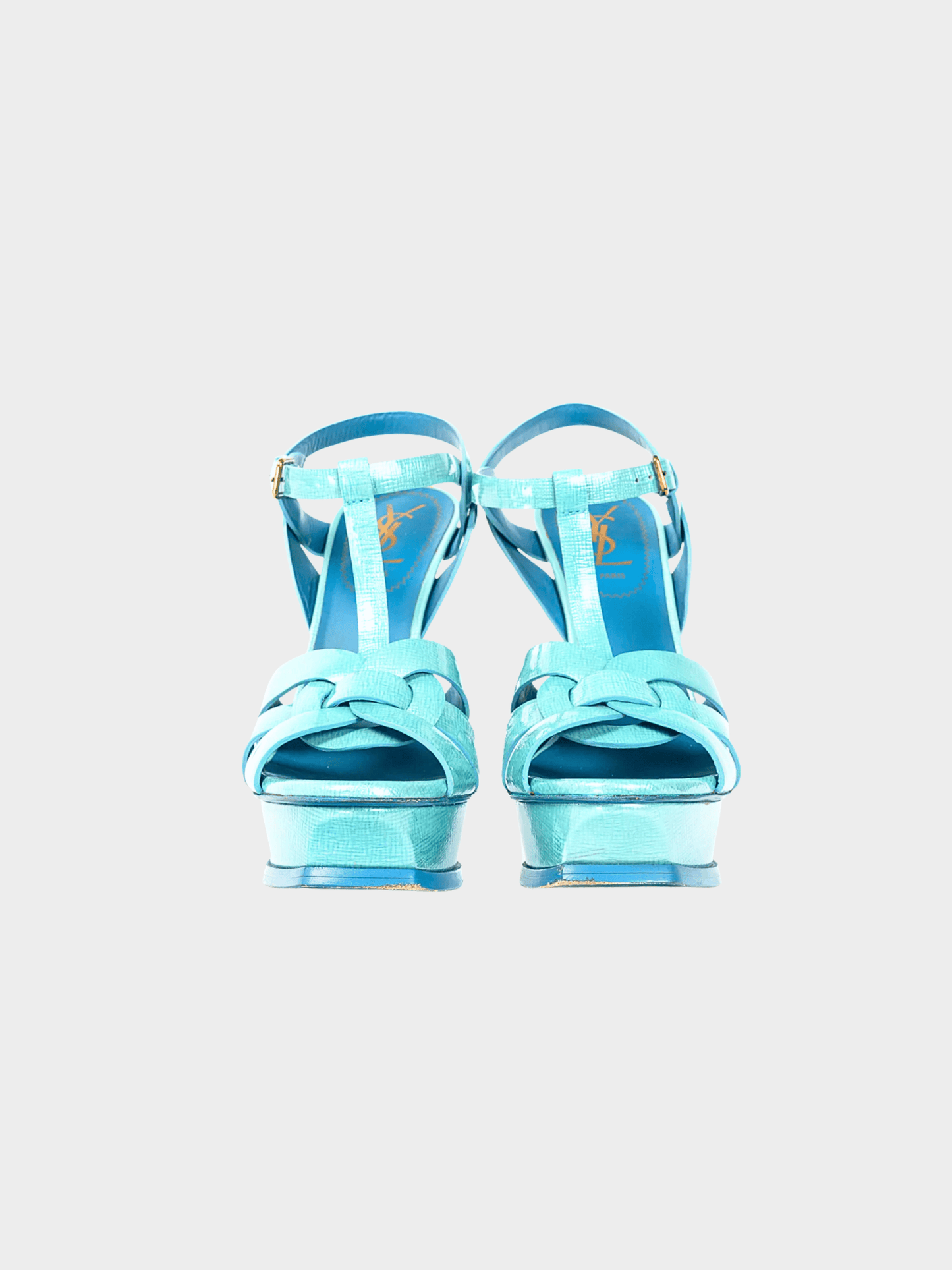Yves Saint Laurent 2012 Tribute 105 Azur Paille Patent Platform Sandals