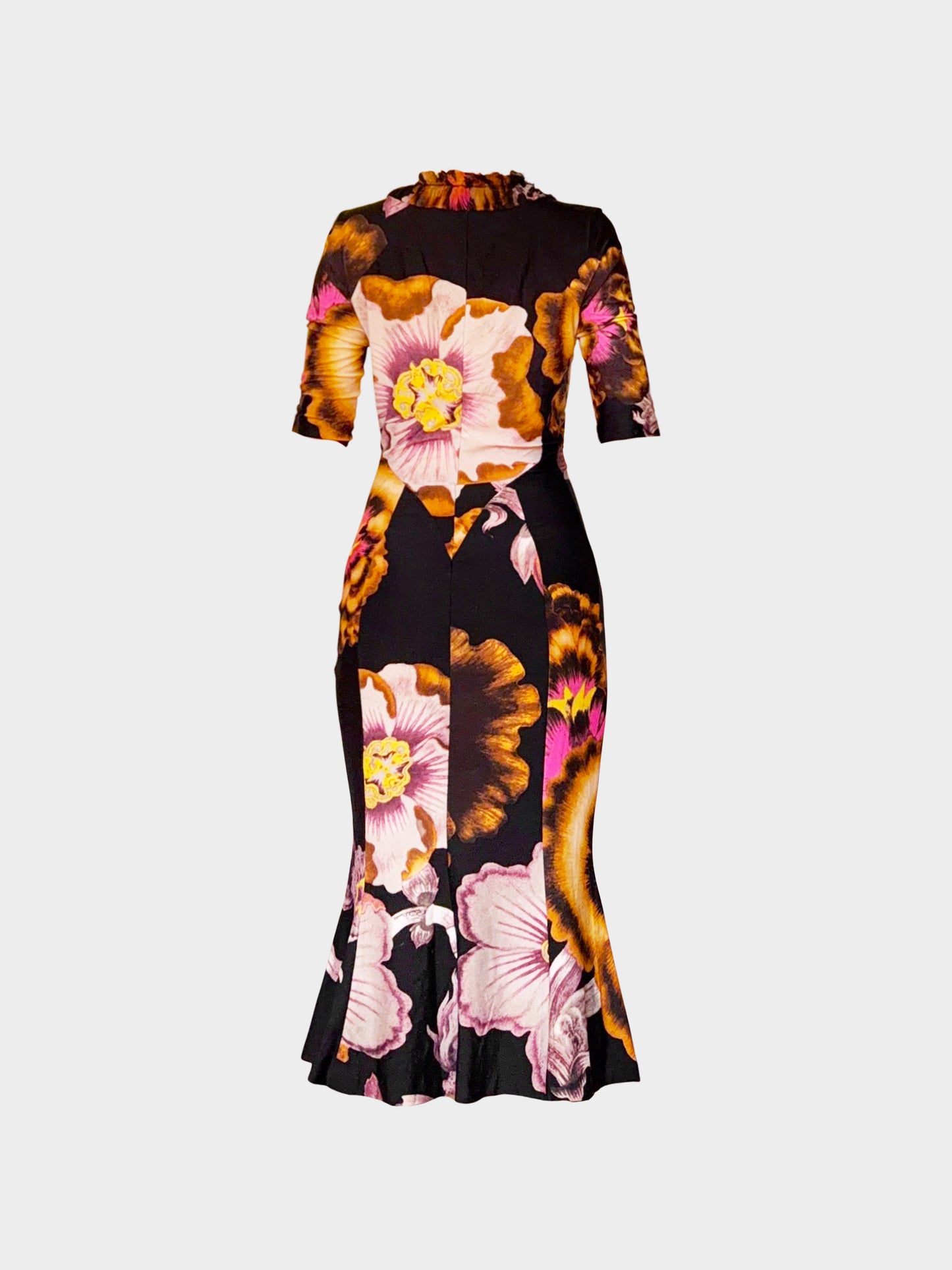 Roberto Cavalli 2000s Black Floral Print Three-Quarter Sleeve Midi Dress