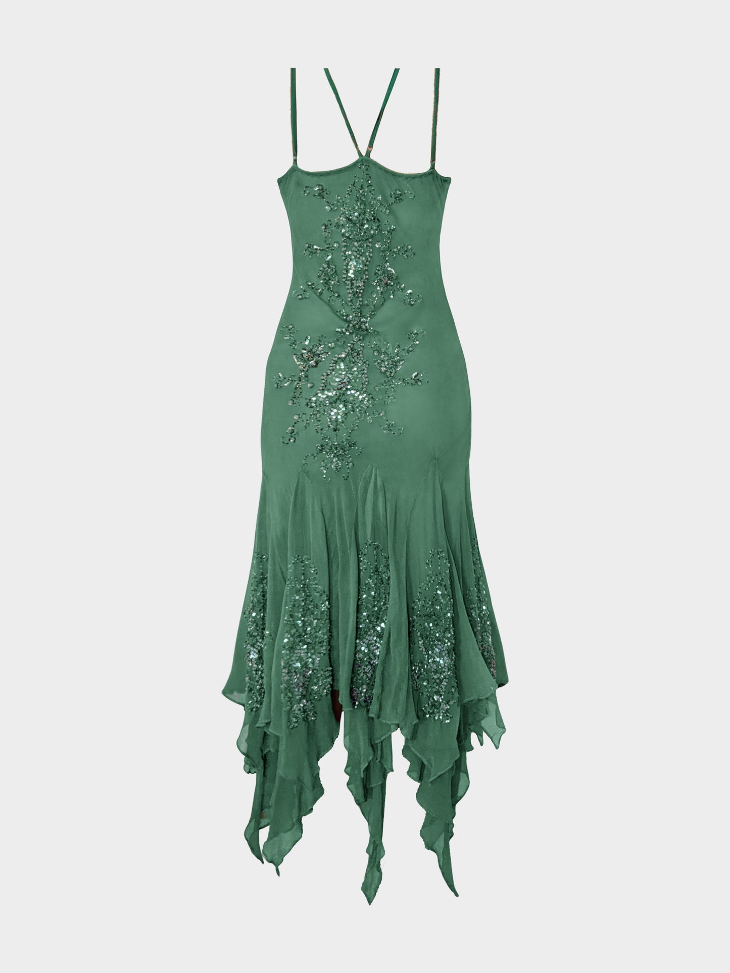 2000s Green Silk Sequin Embellished Dress