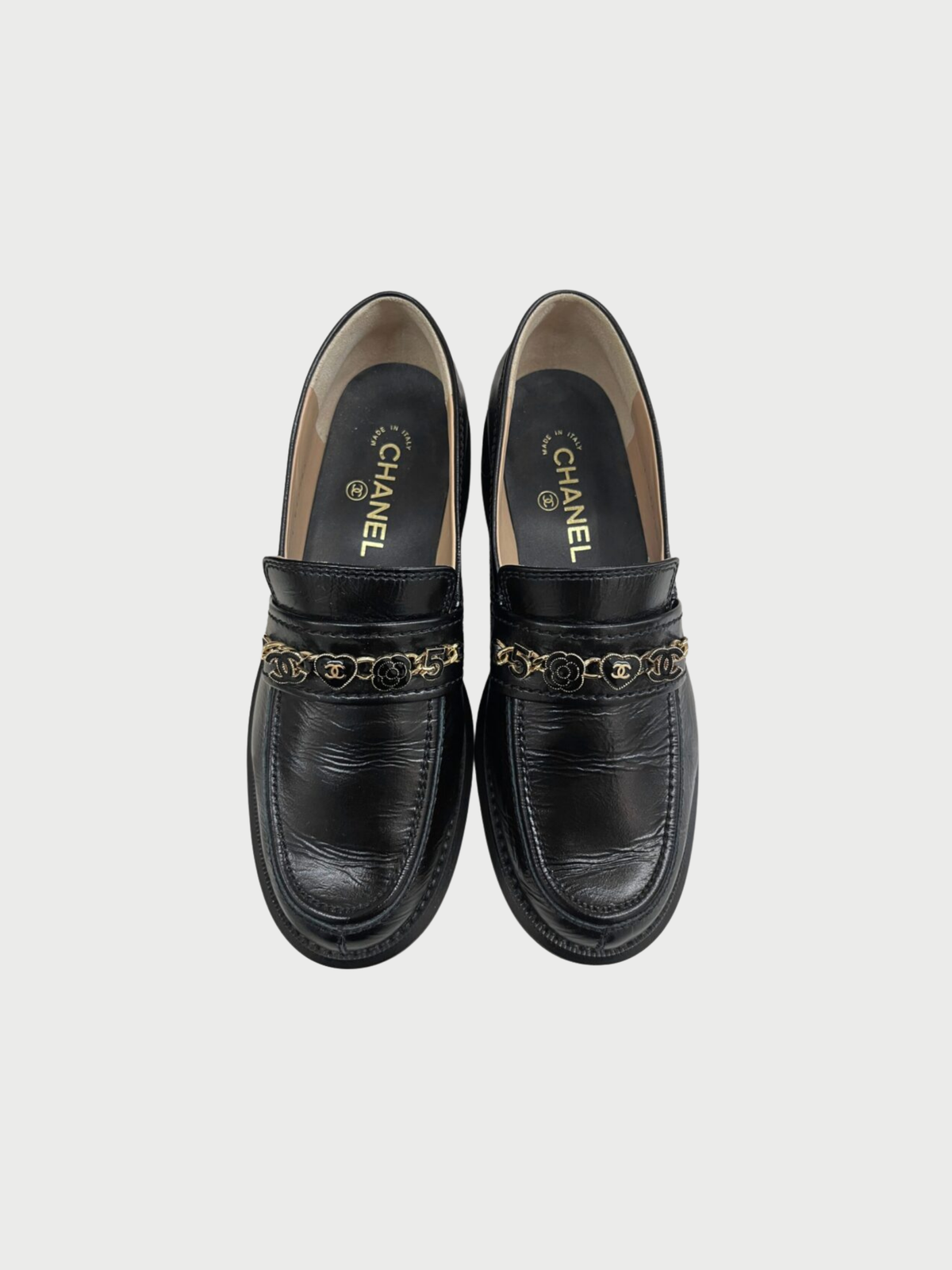 Chanel 2020s Black Calfskin Chain Embellished Loafers