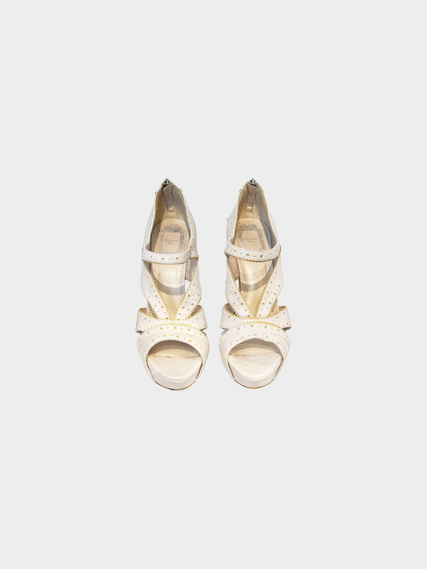 Christian Dior 2000s White Stamped Croc "Bonnie" Wedge Sandals