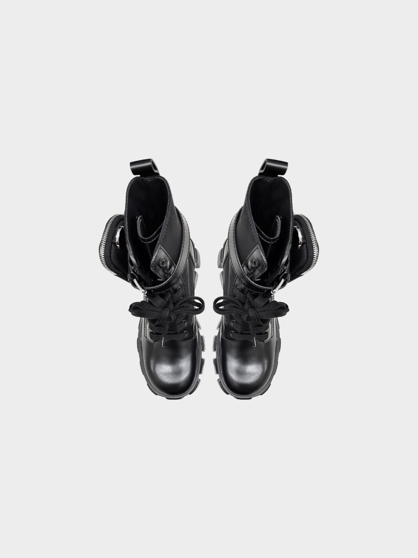 Prada 2022 Black Brushed Leather and Re-nylon Trim Monolith Boots with Pouches