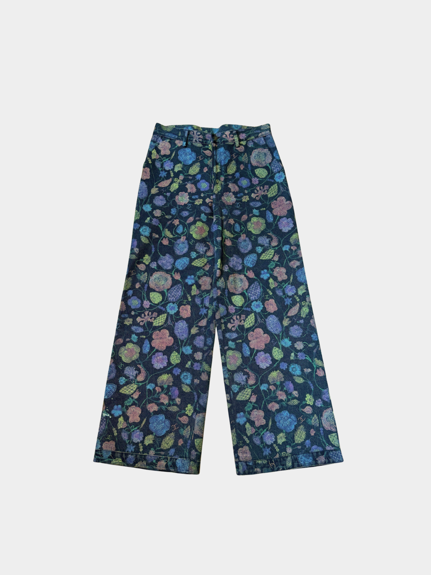 Chanel 2000s Black Multicolor Floral Print Jeans