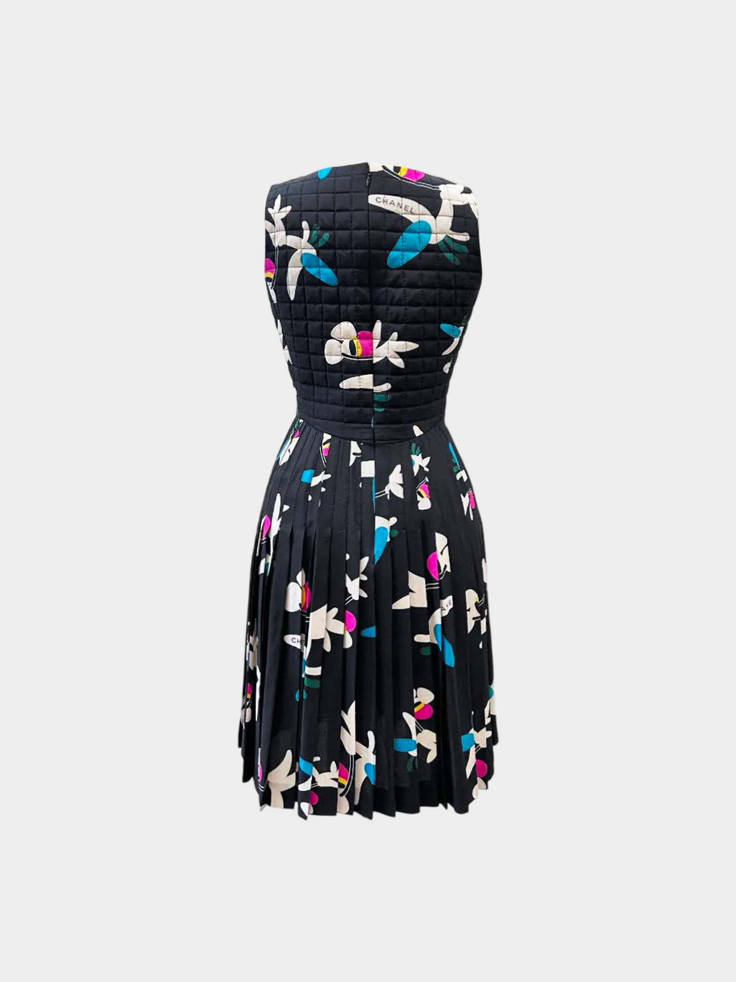 Chanel 2000 Black Silk Floral Print Quilted and Pleated  Dress
