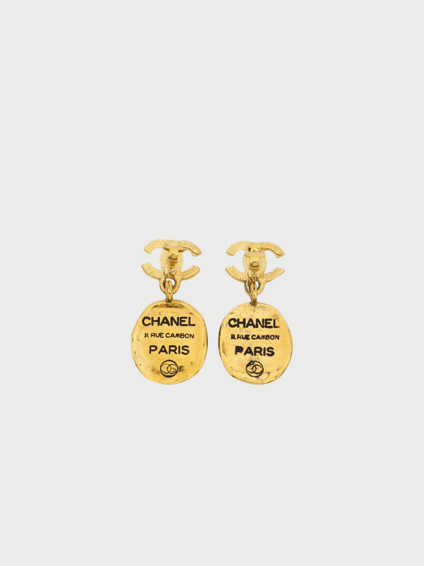 Chanel 1980s Gold Plated Metal COCO Plate Earrings